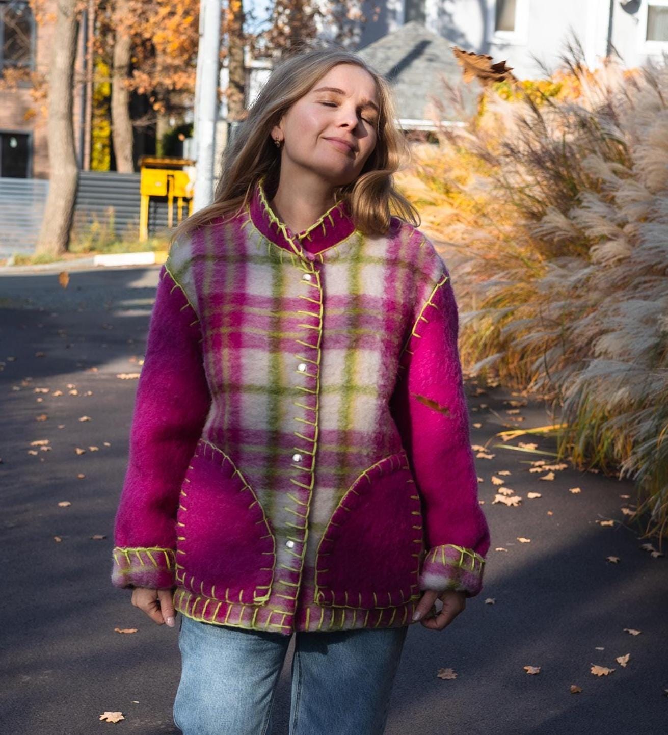 Wool Blanket Jacket Pink Green, Upcycled Coat, Handmade Oversized Plaid Jacket S/M