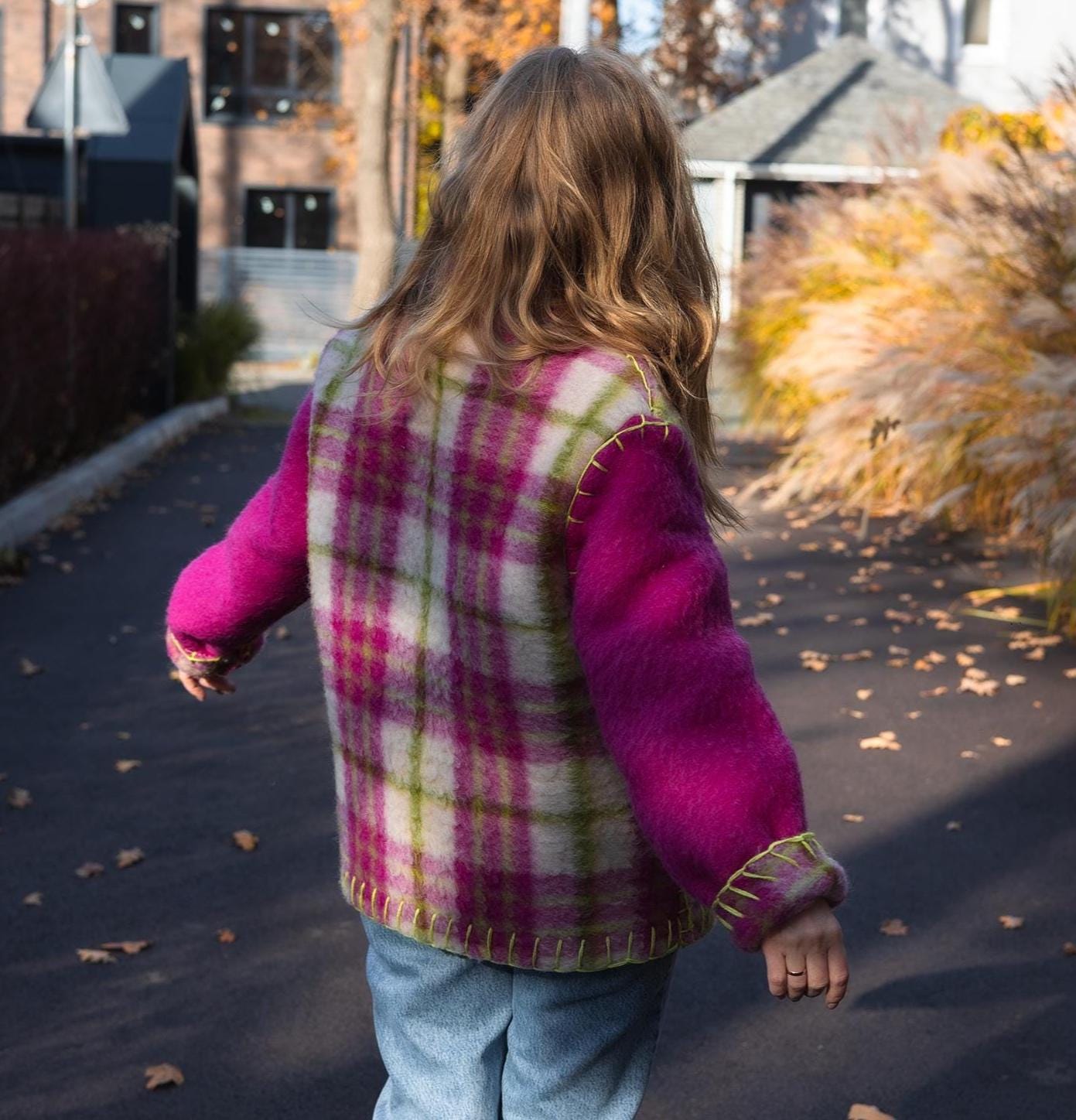Wool Blanket Jacket Pink Green, Upcycled Coat, Handmade Oversized Plaid Jacket S/M