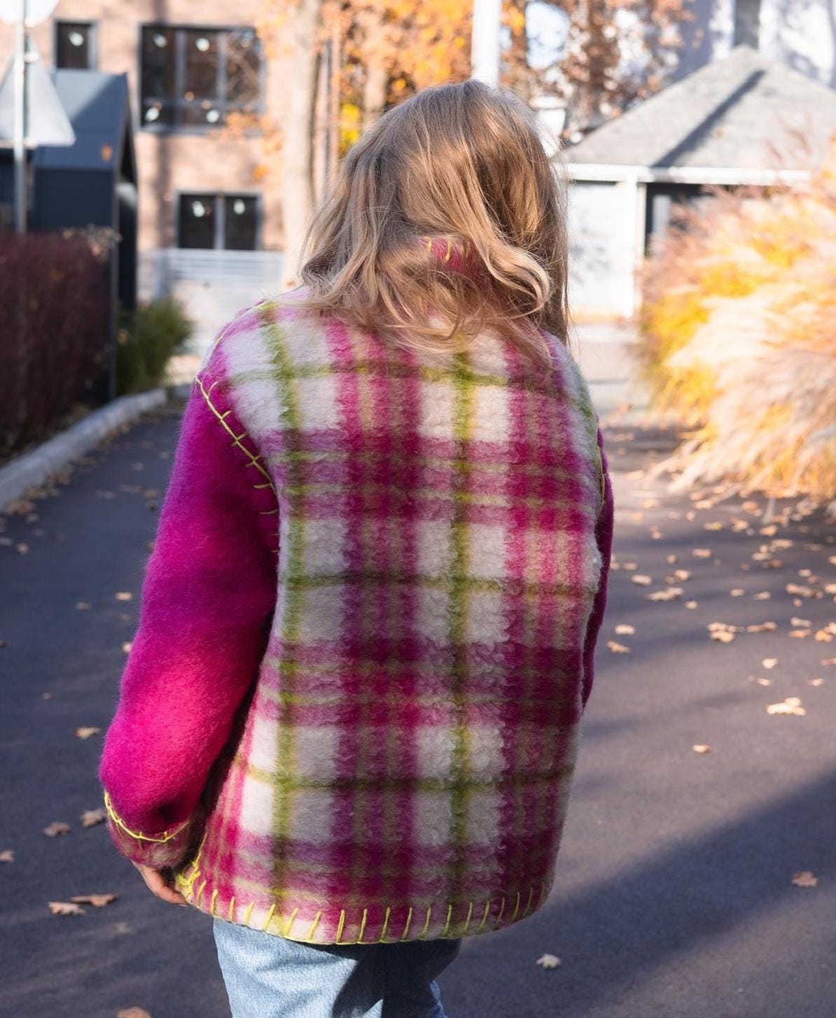 Wool Blanket Jacket Pink Green, Upcycled Coat, Handmade Oversized Plaid Jacket S/M
