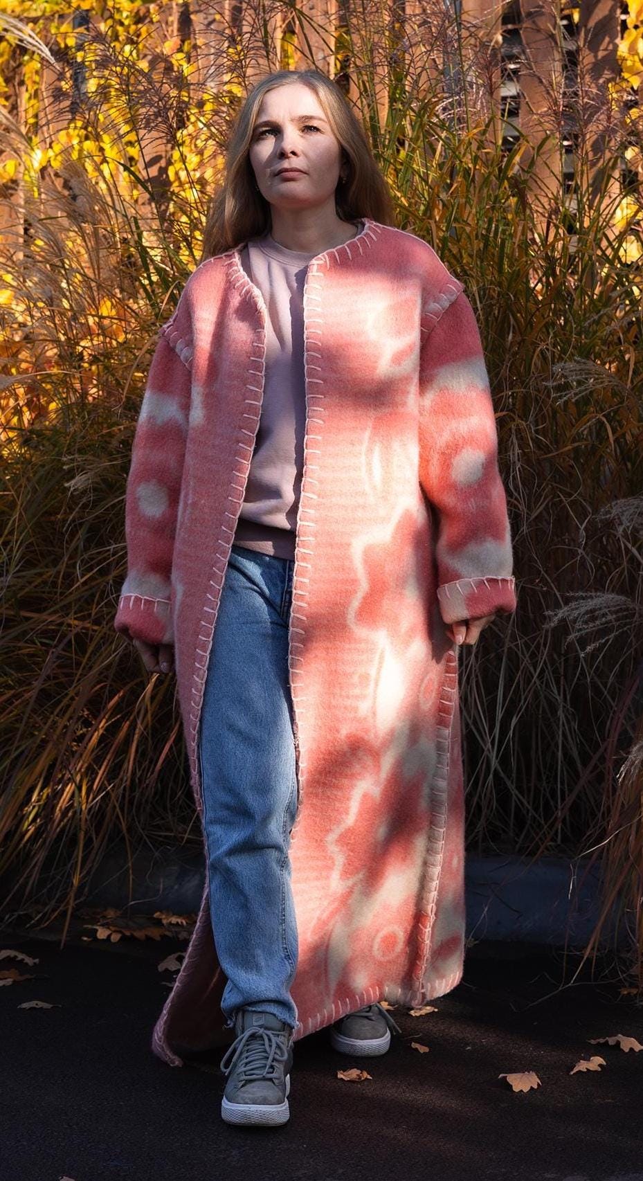 Wool Blanket Coat Oversized, Upcycled pink jacket.