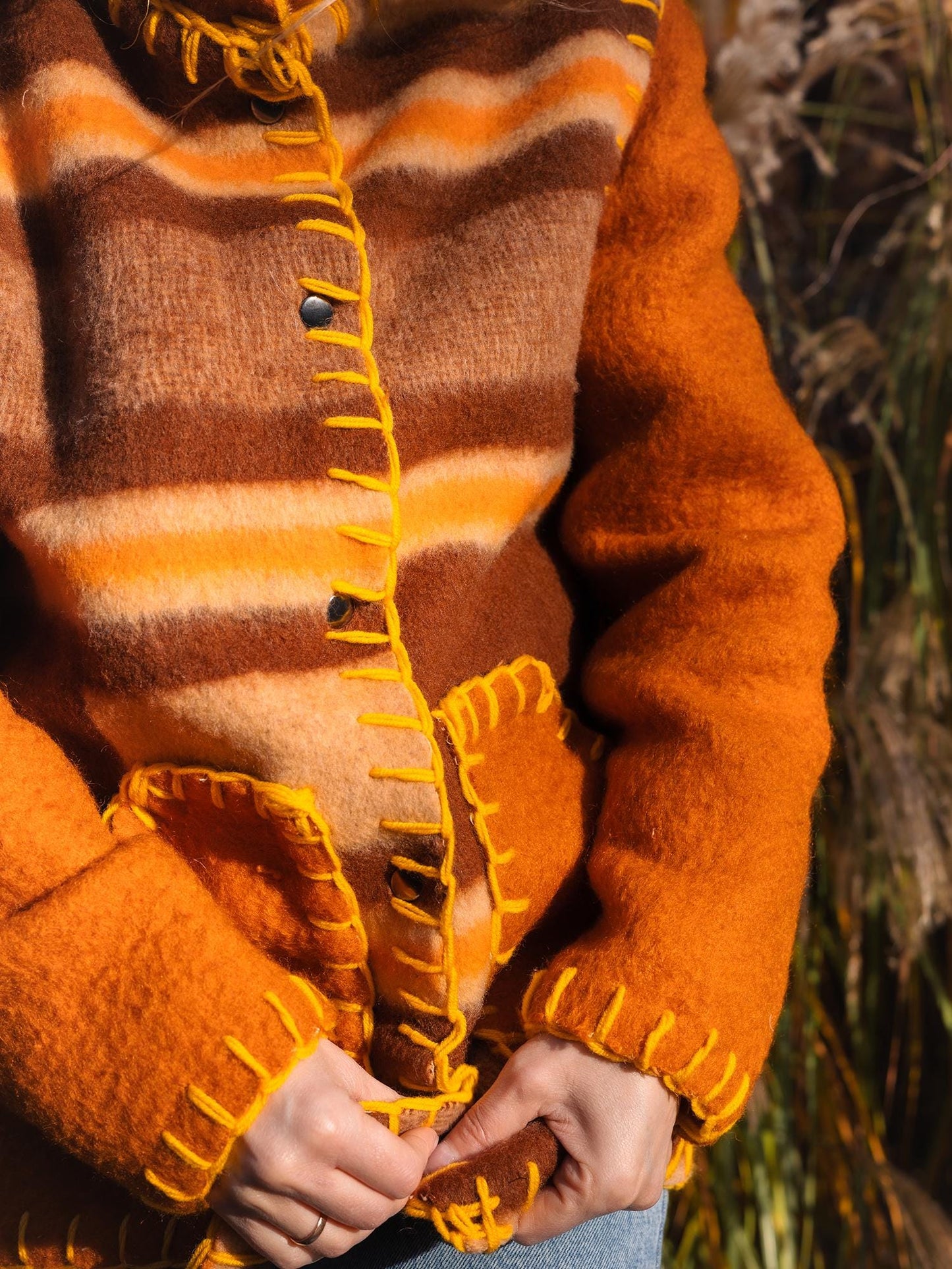 Wool Blanket Jacket brown orange, Upcycled Coat, Handmade Oversized Plaid Jacket M