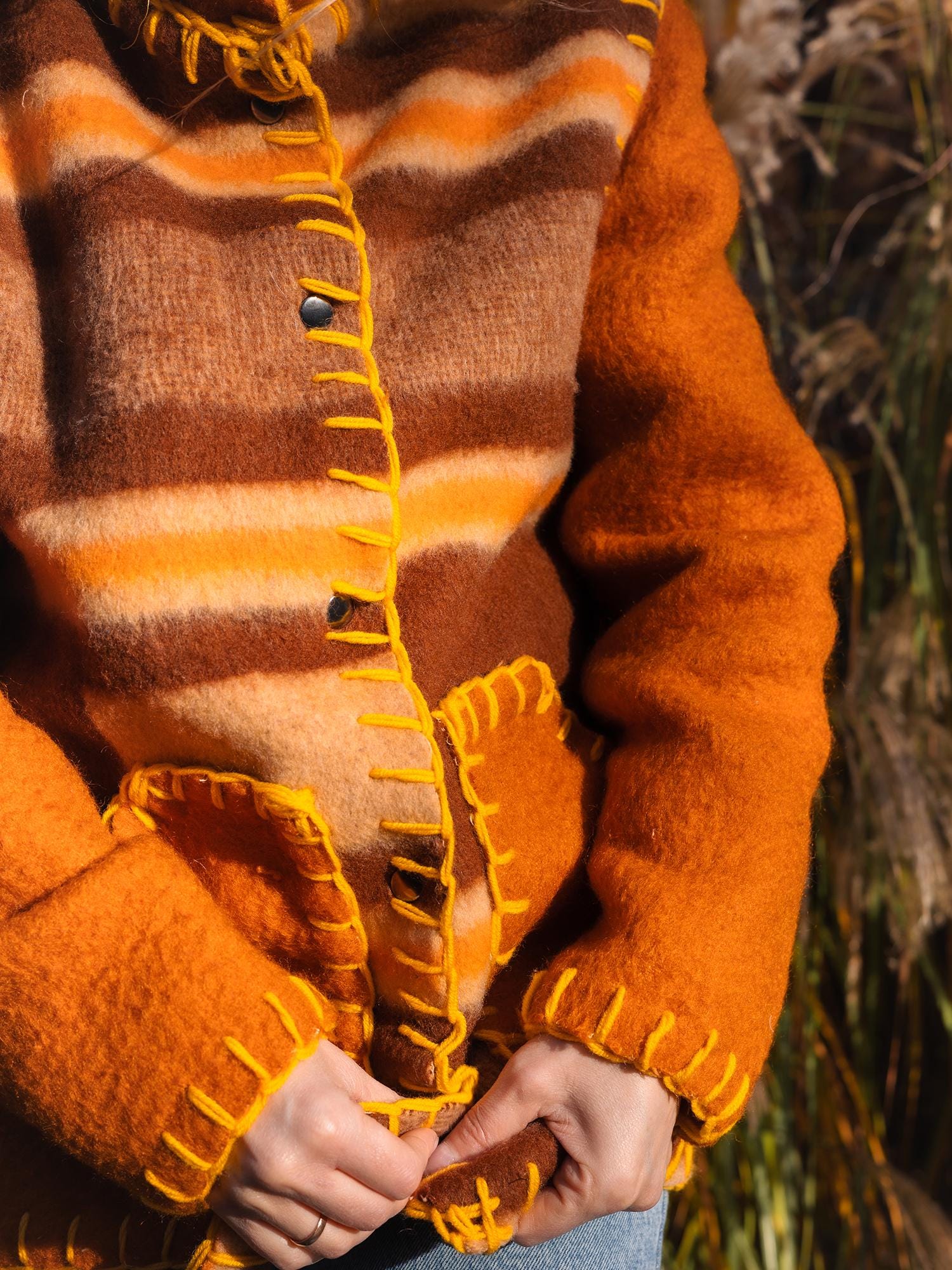 Wool Blanket Jacket brown orange, Upcycled Coat, Handmade Oversized Plaid Jacket M