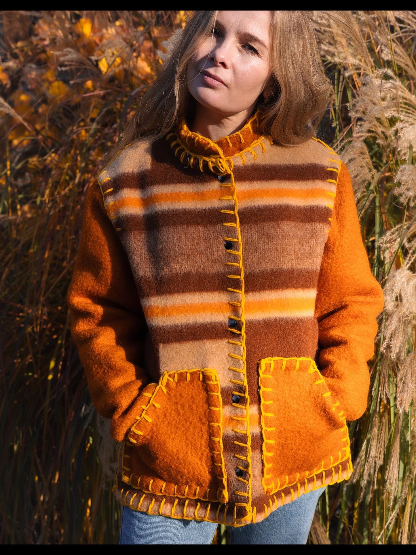 Wool Blanket Jacket brown orange, Upcycled Coat, Handmade Oversized Plaid Jacket M