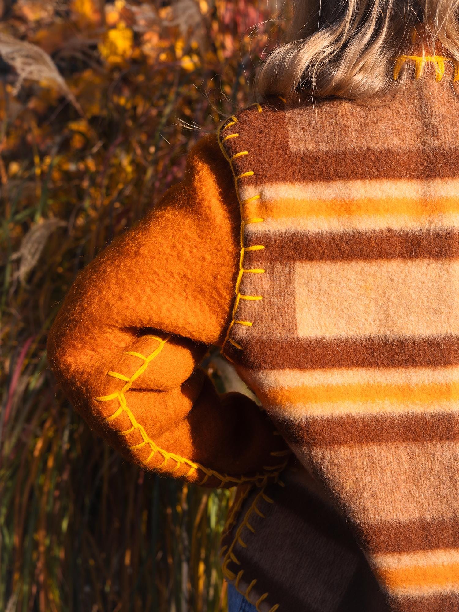 Wool Blanket Jacket brown orange, Upcycled Coat, Handmade Oversized Plaid Jacket M