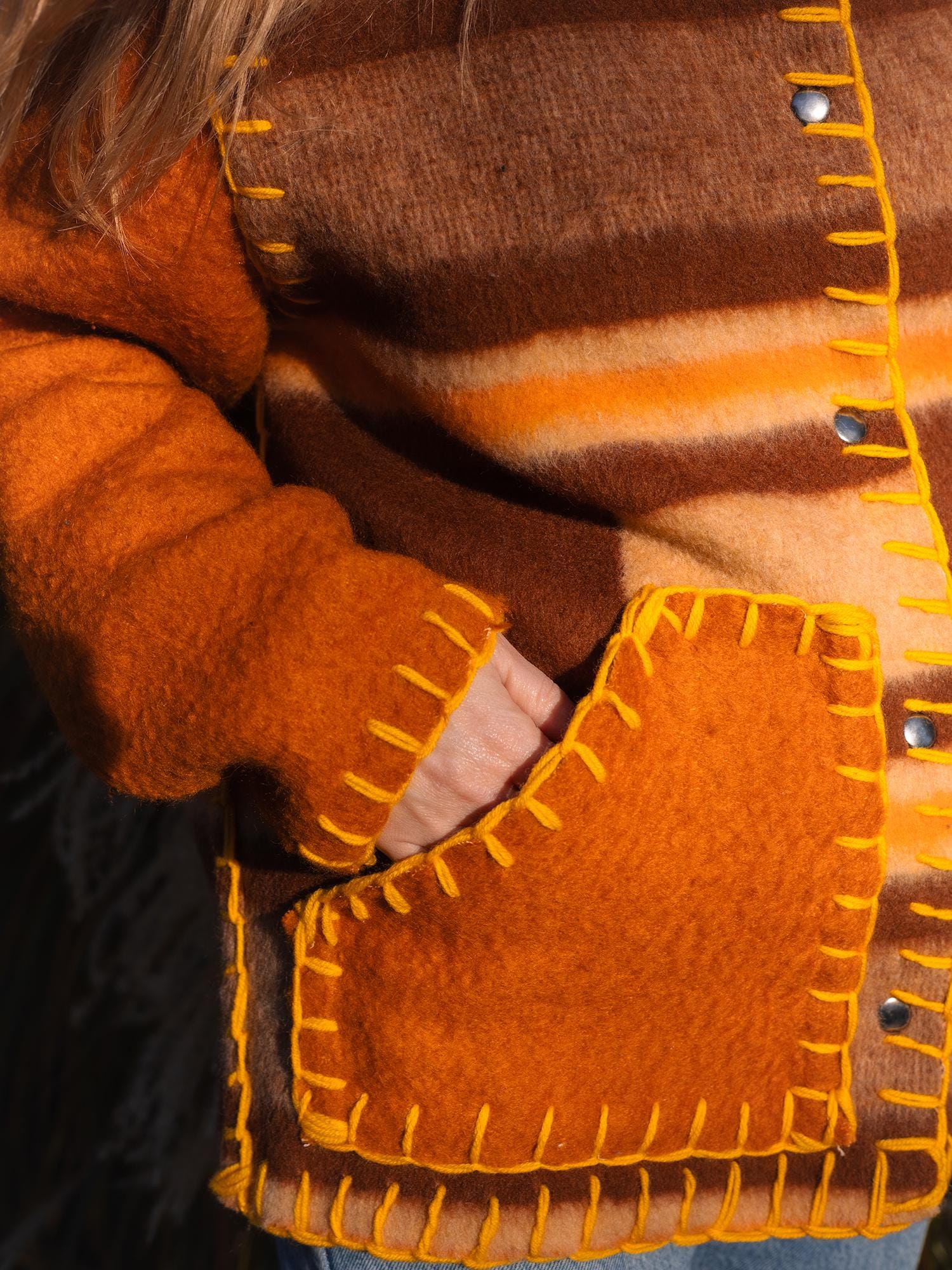 Wool Blanket Jacket brown orange, Upcycled Coat, Handmade Oversized Plaid Jacket M