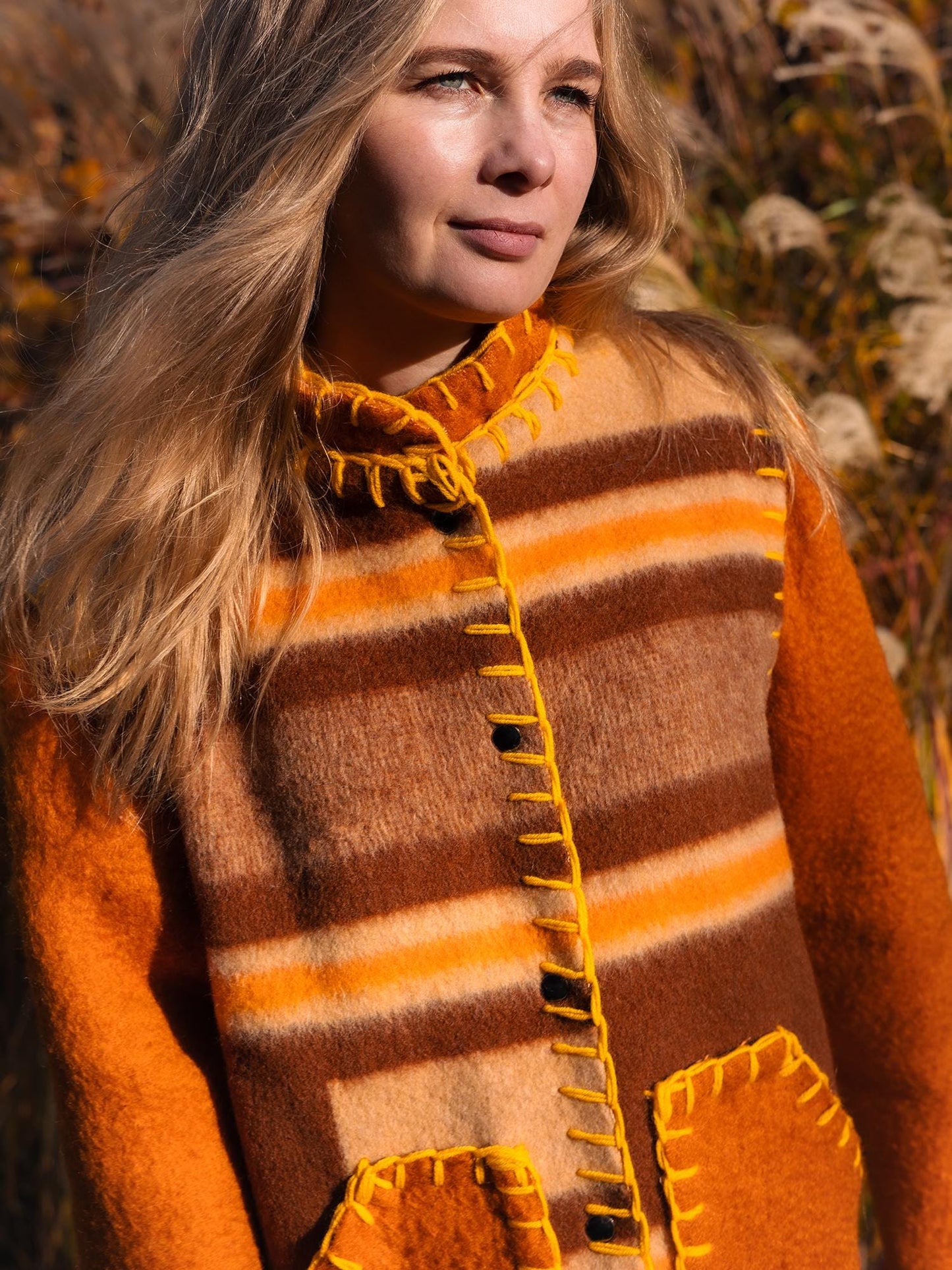 Wool Blanket Jacket brown orange, Upcycled Coat, Handmade Oversized Plaid Jacket M