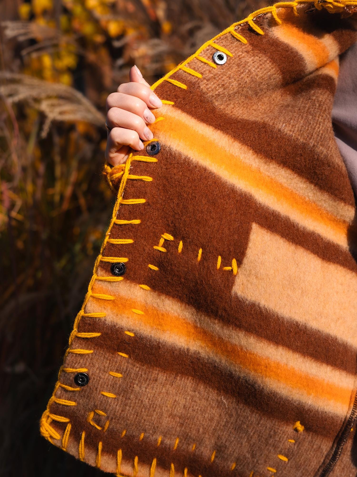 Wool Blanket Jacket brown orange, Upcycled Coat, Handmade Oversized Plaid Jacket M