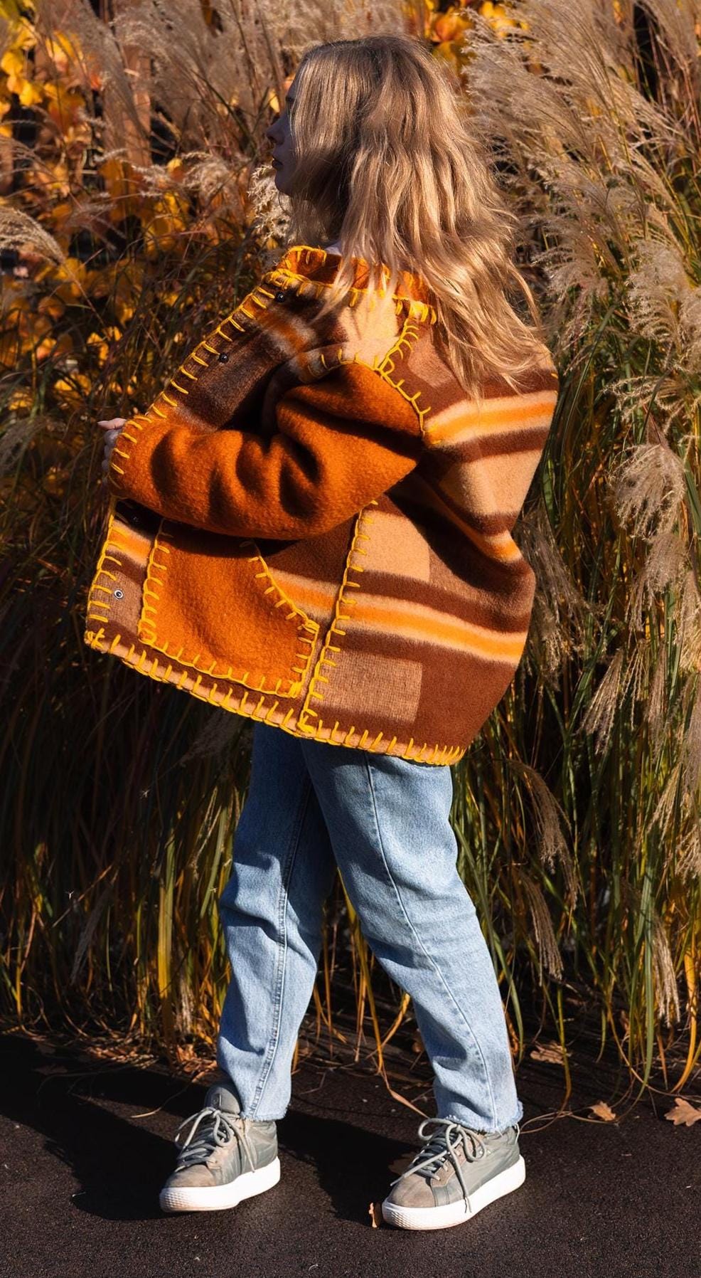 Wool Blanket Jacket brown orange, Upcycled Coat, Handmade Oversized Plaid Jacket M