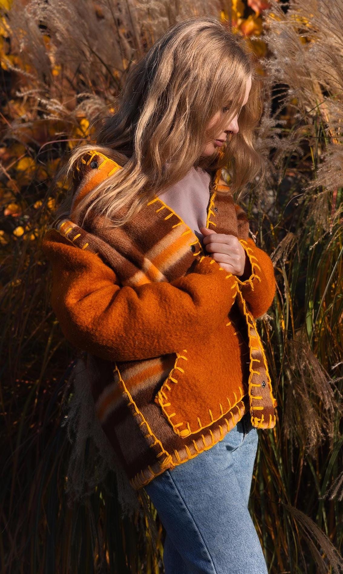 Wool Blanket Jacket brown orange, Upcycled Coat, Handmade Oversized Plaid Jacket M