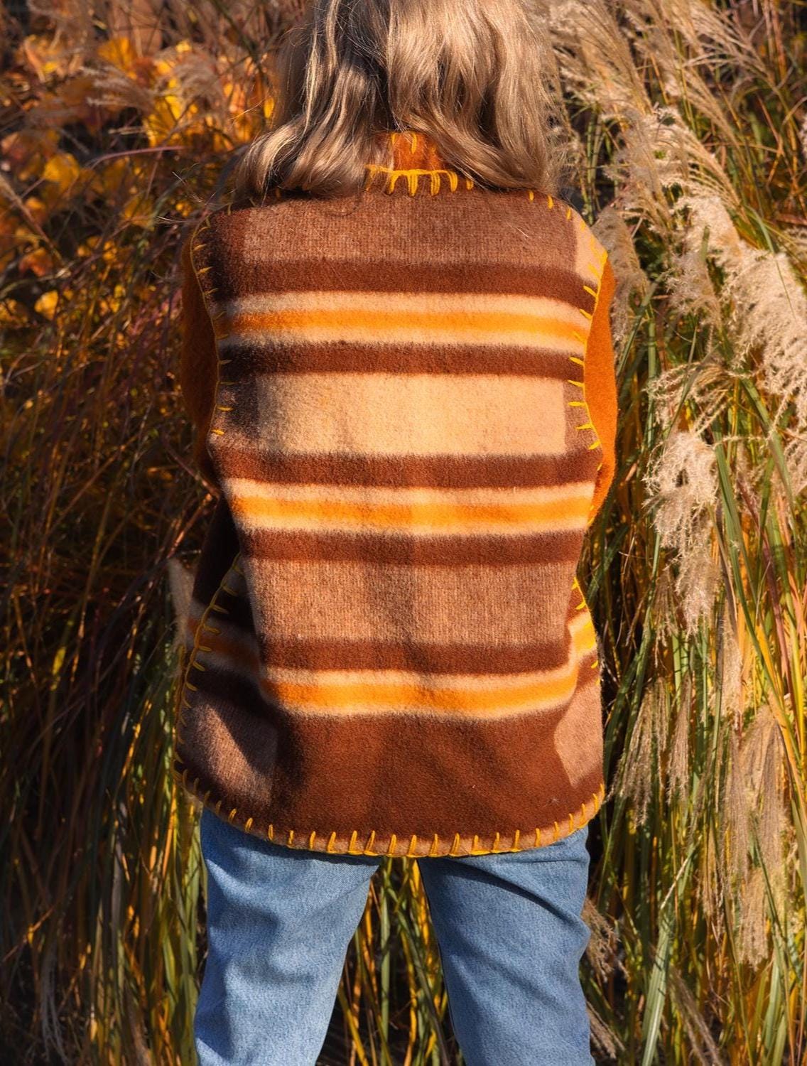 Wool Blanket Jacket brown orange, Upcycled Coat, Handmade Oversized Plaid Jacket M