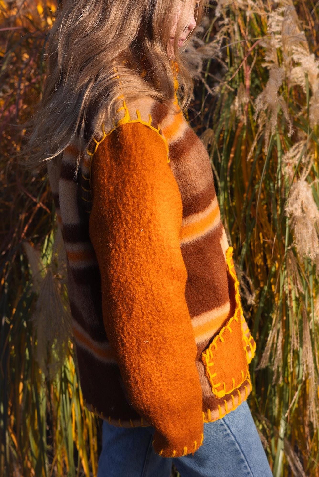 Wool Blanket Jacket brown orange, Upcycled Coat, Handmade Oversized Plaid Jacket M