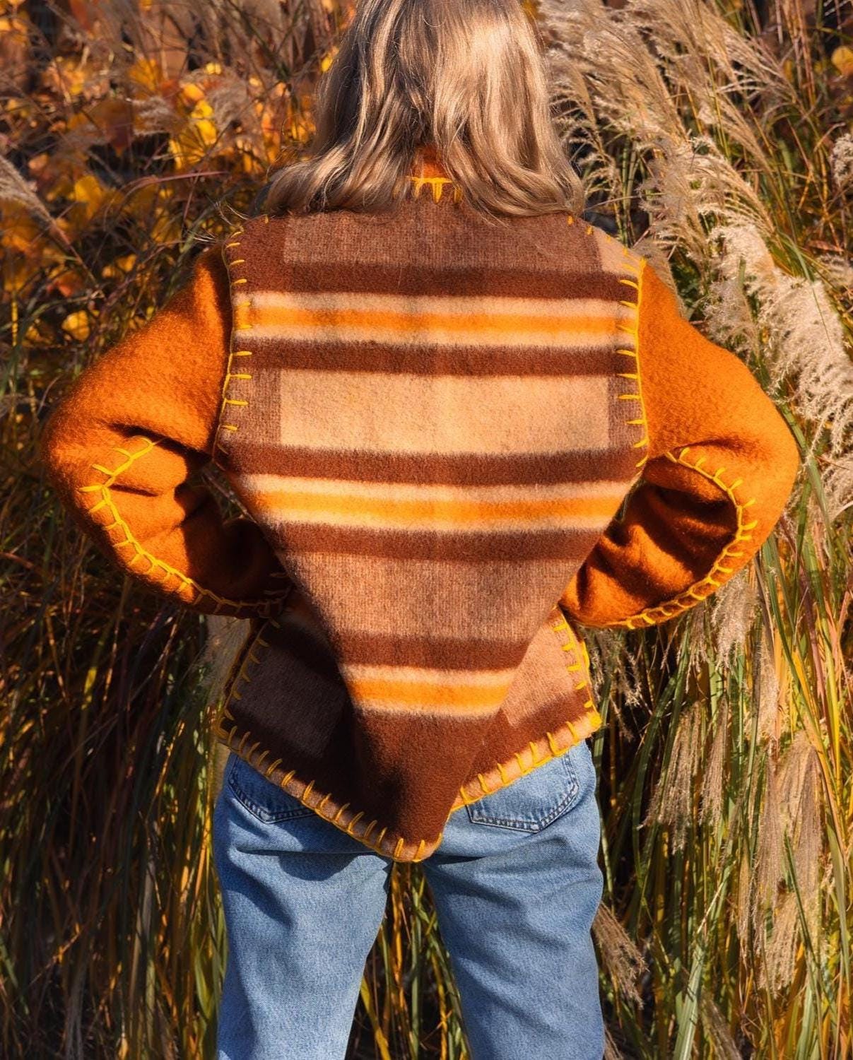 Wool Blanket Jacket brown orange, Upcycled Coat, Handmade Oversized Plaid Jacket M