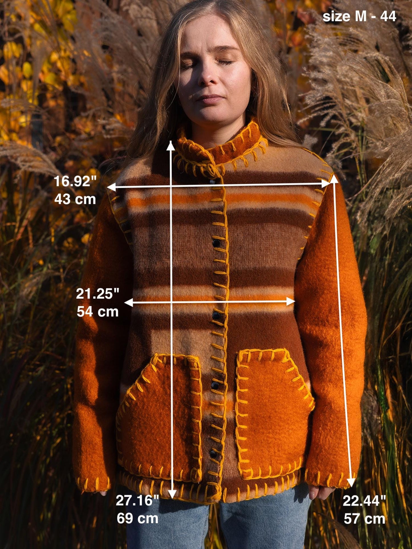 Wool Blanket Jacket brown orange, Upcycled Coat, Handmade Oversized Plaid Jacket M