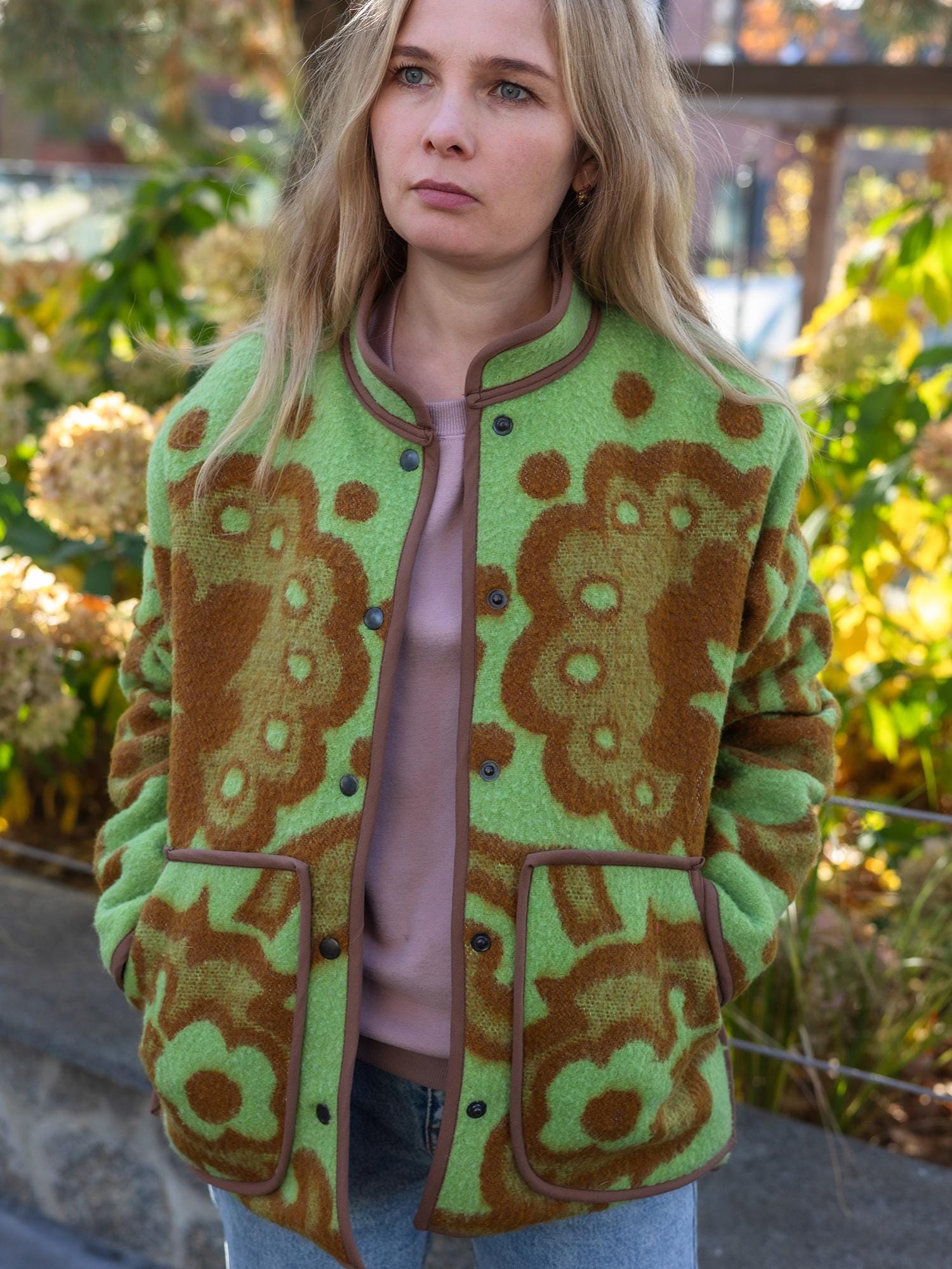 Vintage Blanket Jacket with Pockets and Lining, Upcycled Wool Coat, Green Brown Floral Size 44