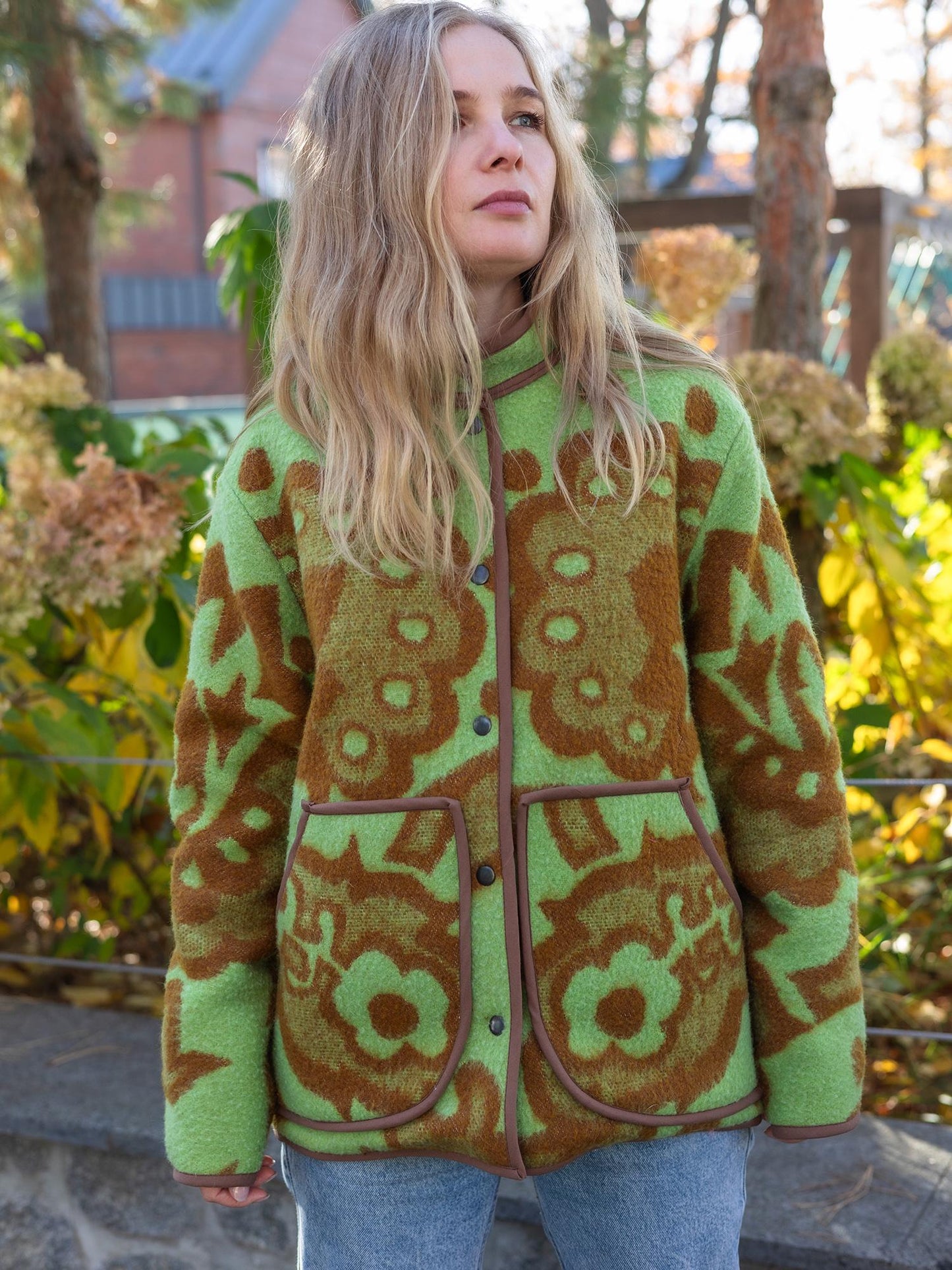 Vintage Blanket Jacket with Pockets and Lining, Upcycled Wool Coat, Green Brown Floral Size 44