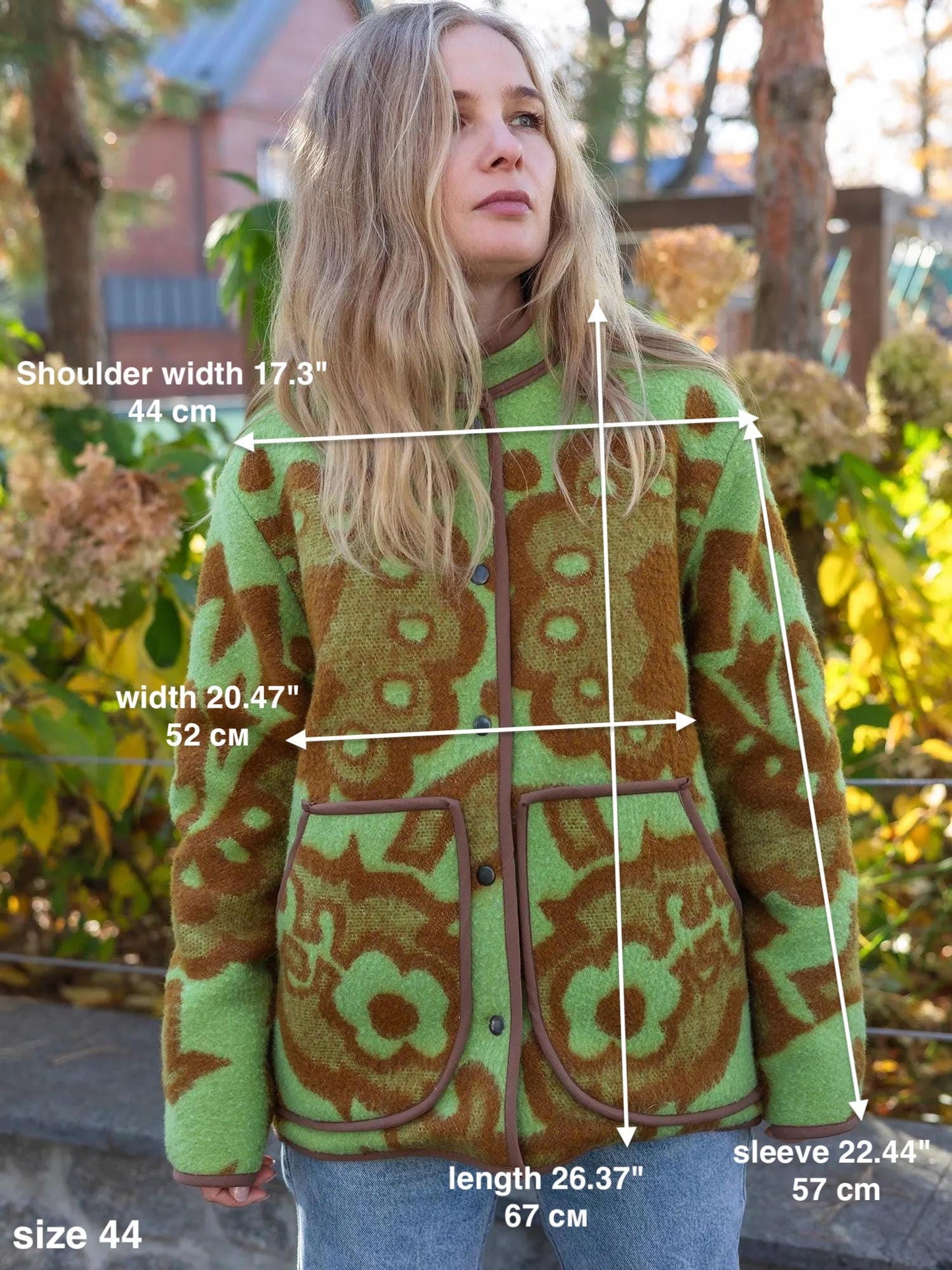 Vintage Blanket Jacket with Pockets and Lining, Upcycled Wool Coat, Green Brown Floral Size 44