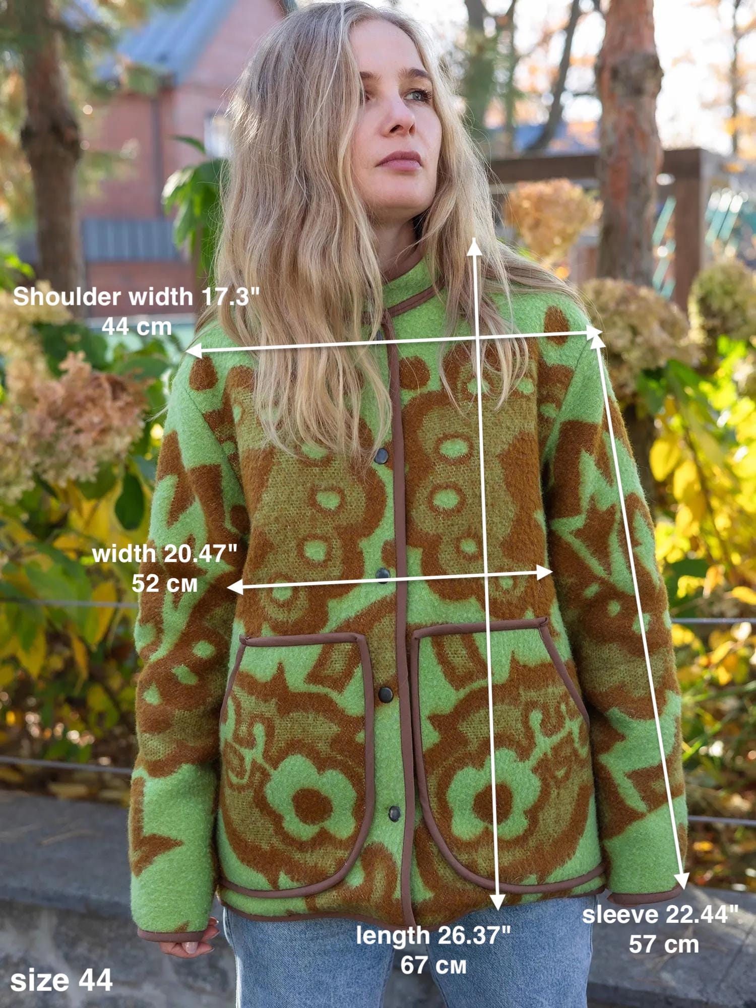 Vintage Blanket Jacket with Pockets and Lining, Upcycled Wool Coat, Green Brown Floral Size 44