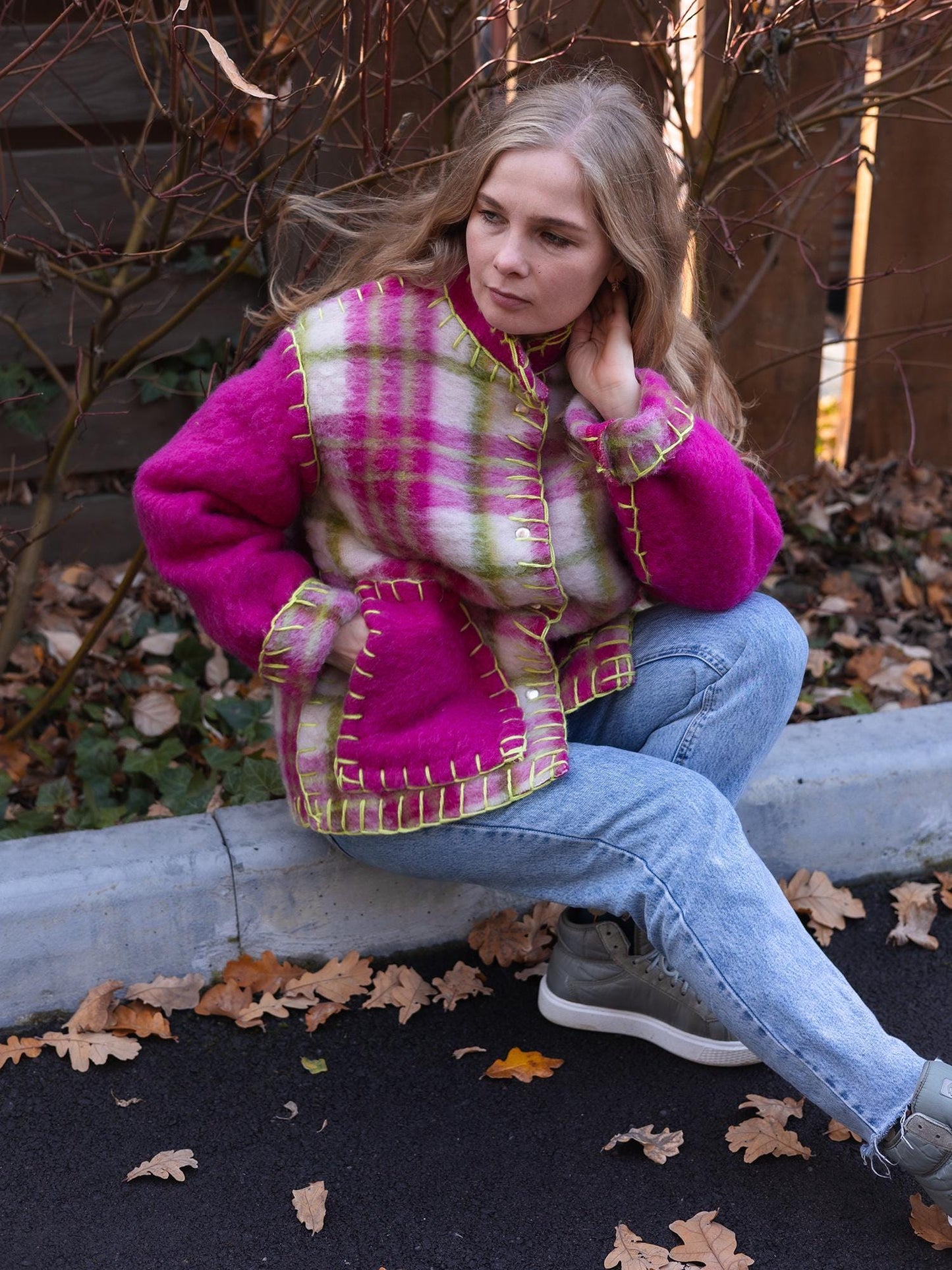 Wool Blanket Jacket Pink Green, Upcycled Coat, Handmade Oversized Plaid Jacket S/M