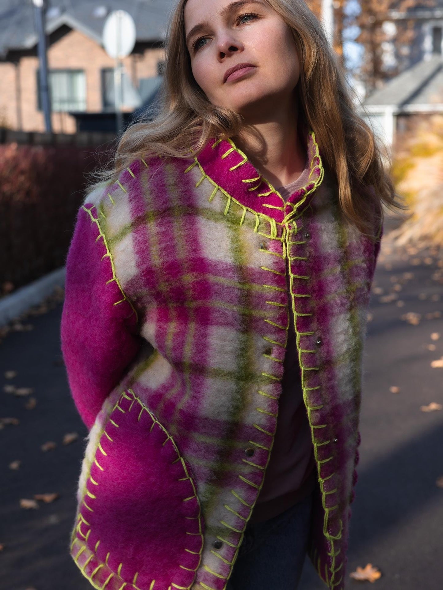 Wool Blanket Jacket Pink Green, Upcycled Coat, Handmade Oversized Plaid Jacket S/M