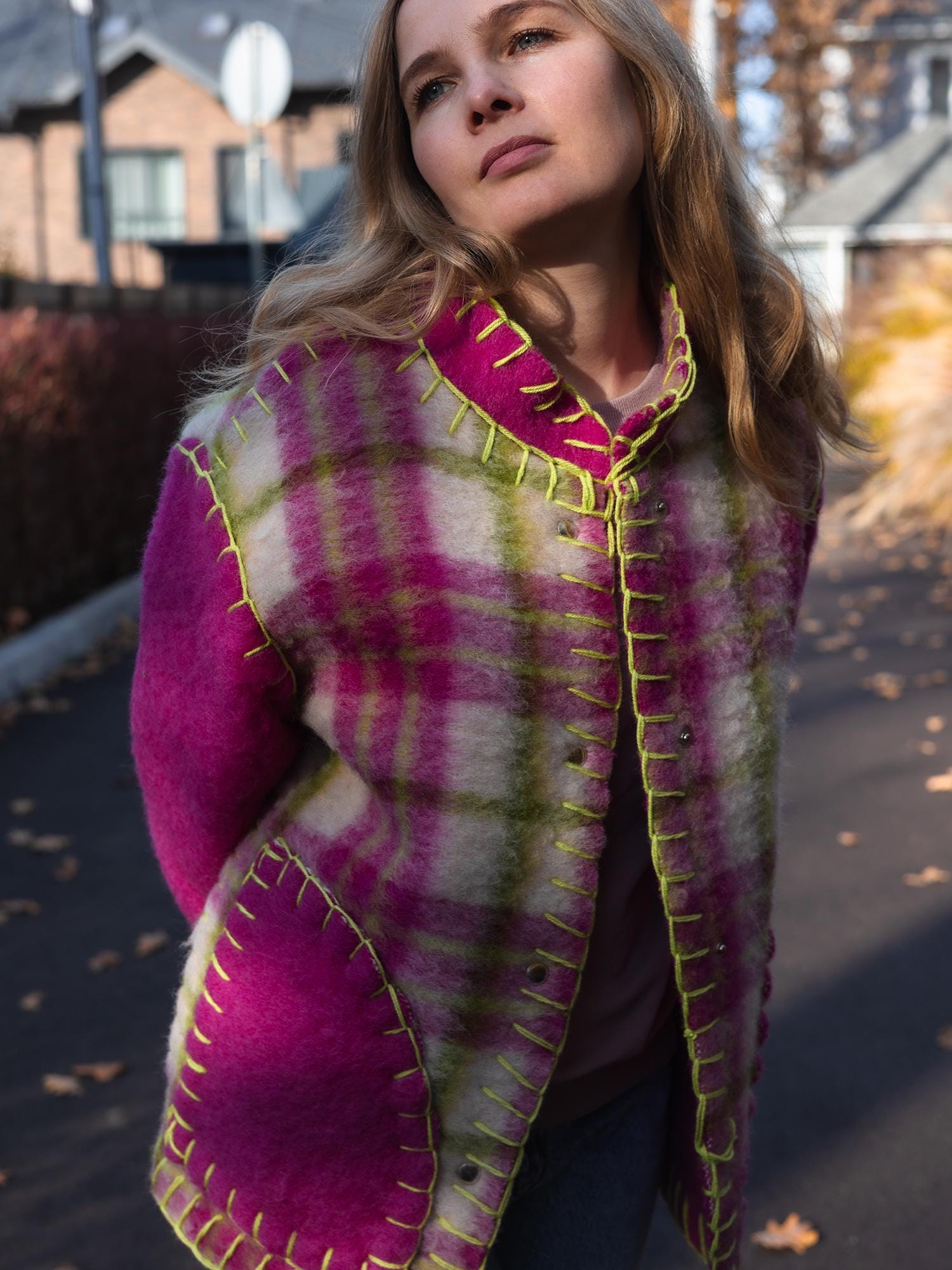 Wool Blanket Jacket Pink Green, Upcycled Coat, Handmade Oversized Plaid Jacket S/M