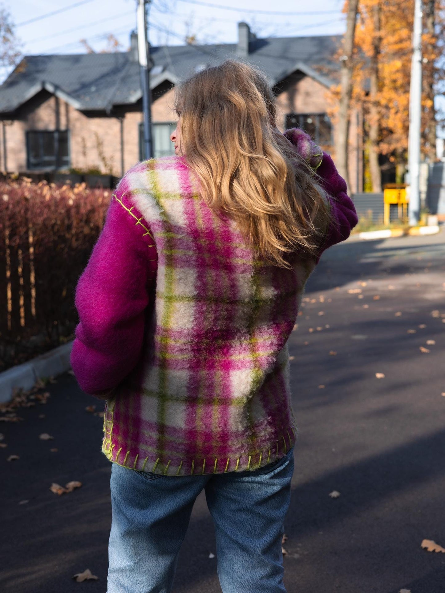 Wool Blanket Jacket Pink Green, Upcycled Coat, Handmade Oversized Plaid Jacket S/M