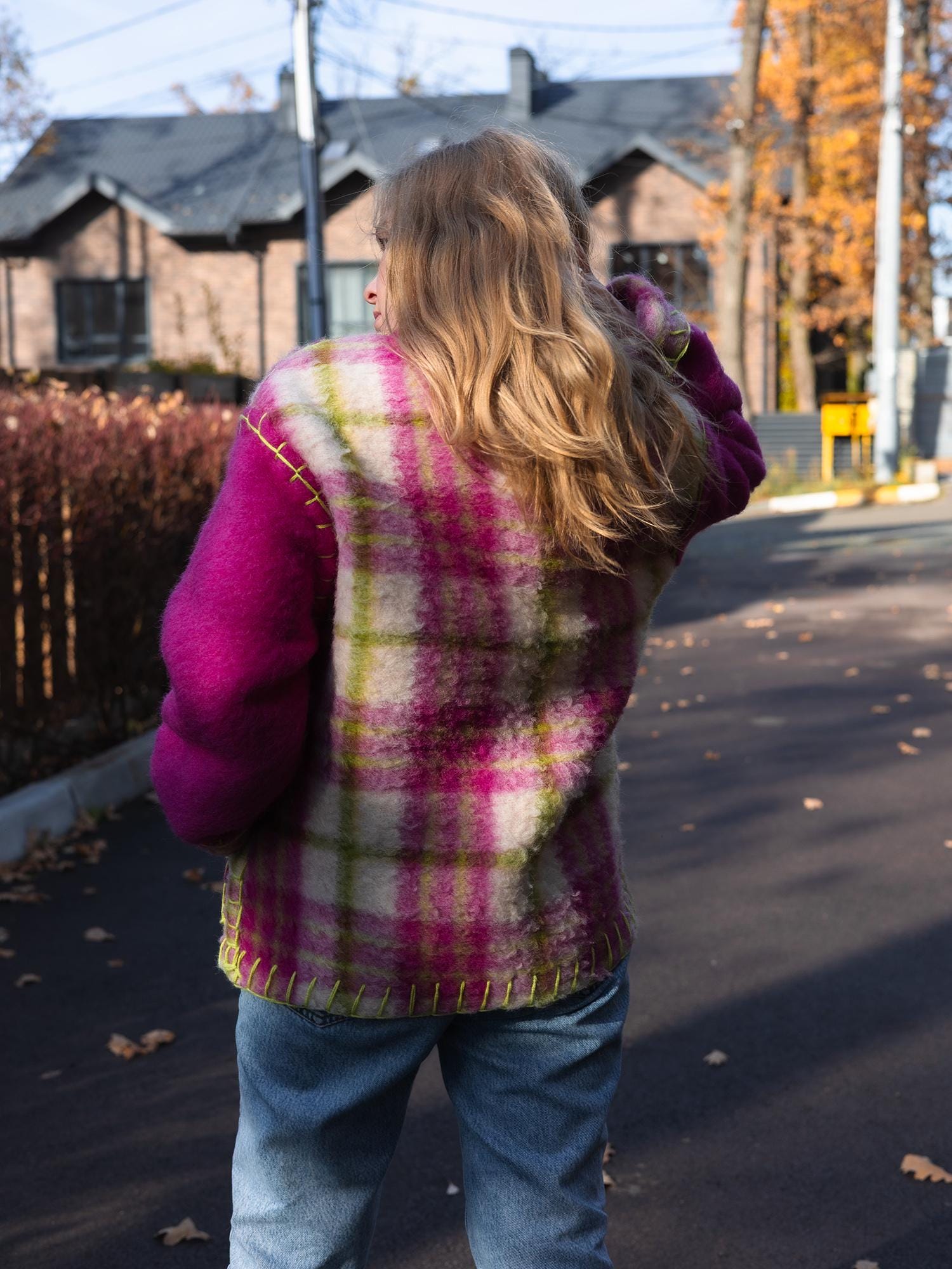 Wool Blanket Jacket Pink Green, Upcycled Coat, Handmade Oversized Plaid Jacket S/M