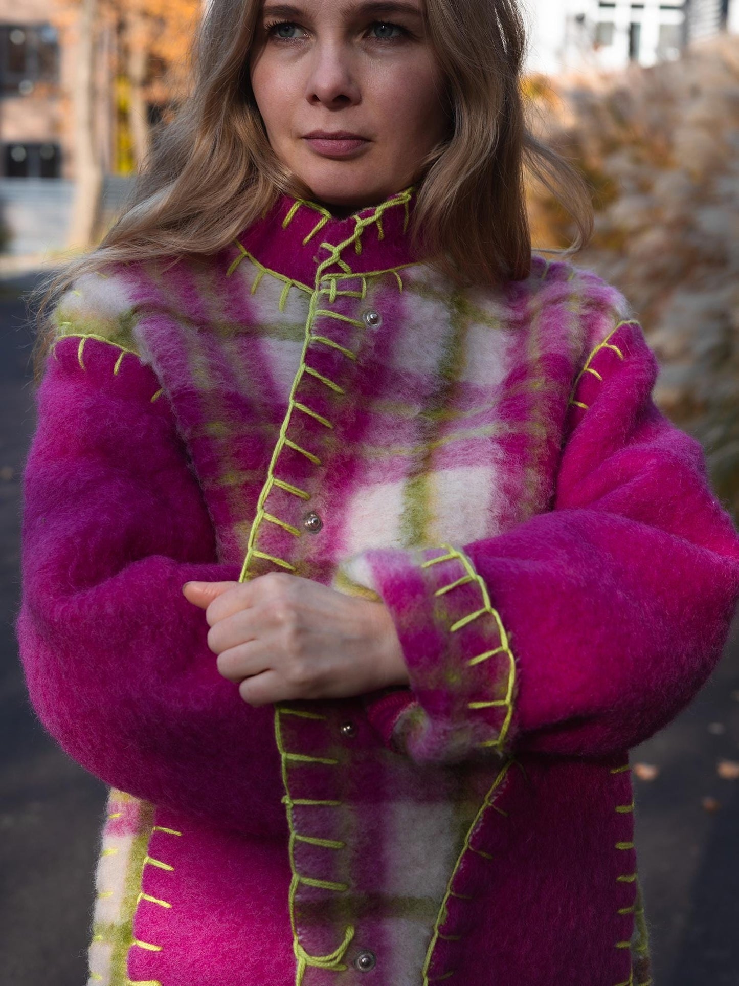 Wool Blanket Jacket Pink Green, Upcycled Coat, Handmade Oversized Plaid Jacket S/M