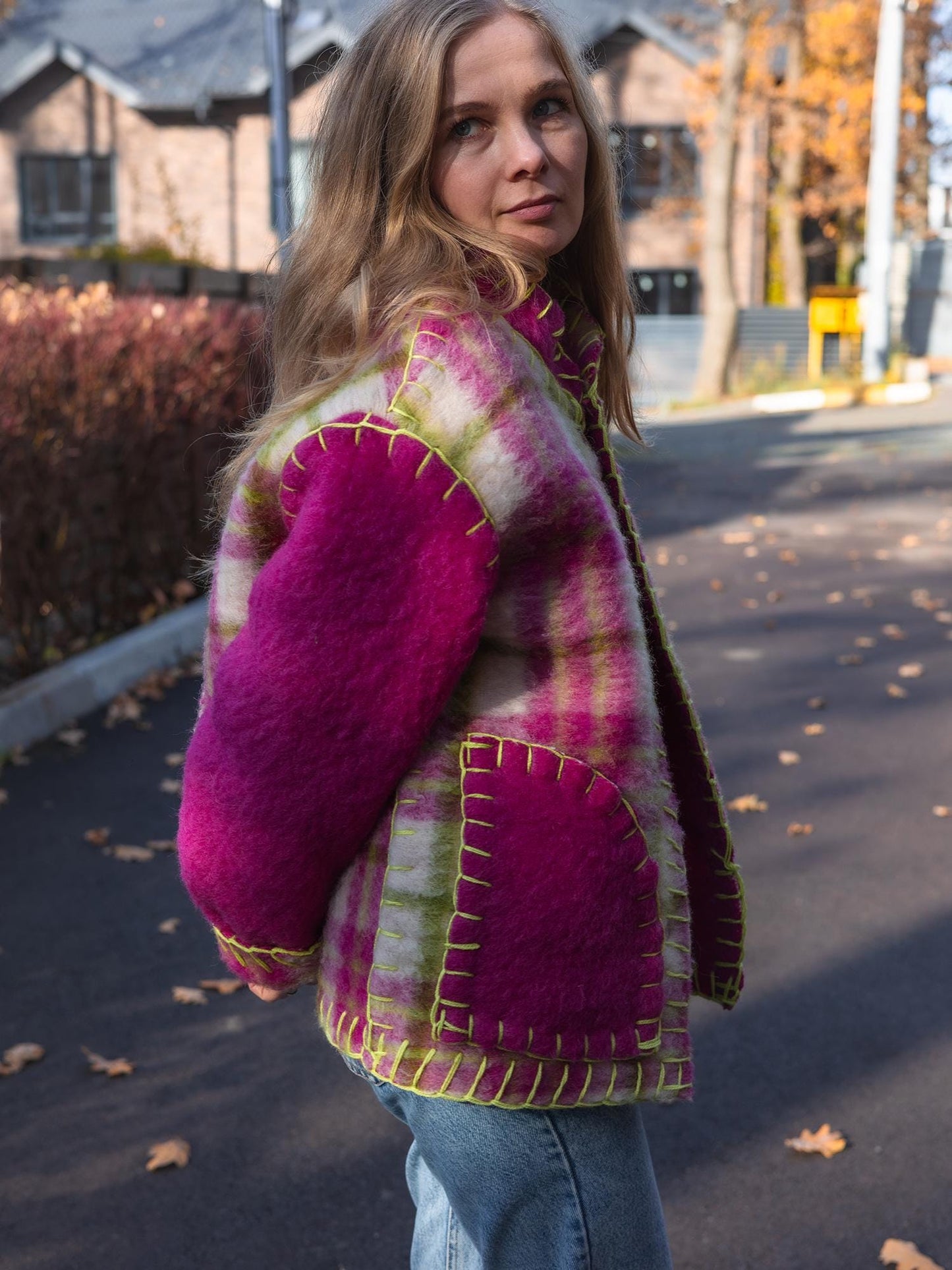 Wool Blanket Jacket Pink Green, Upcycled Coat, Handmade Oversized Plaid Jacket S/M