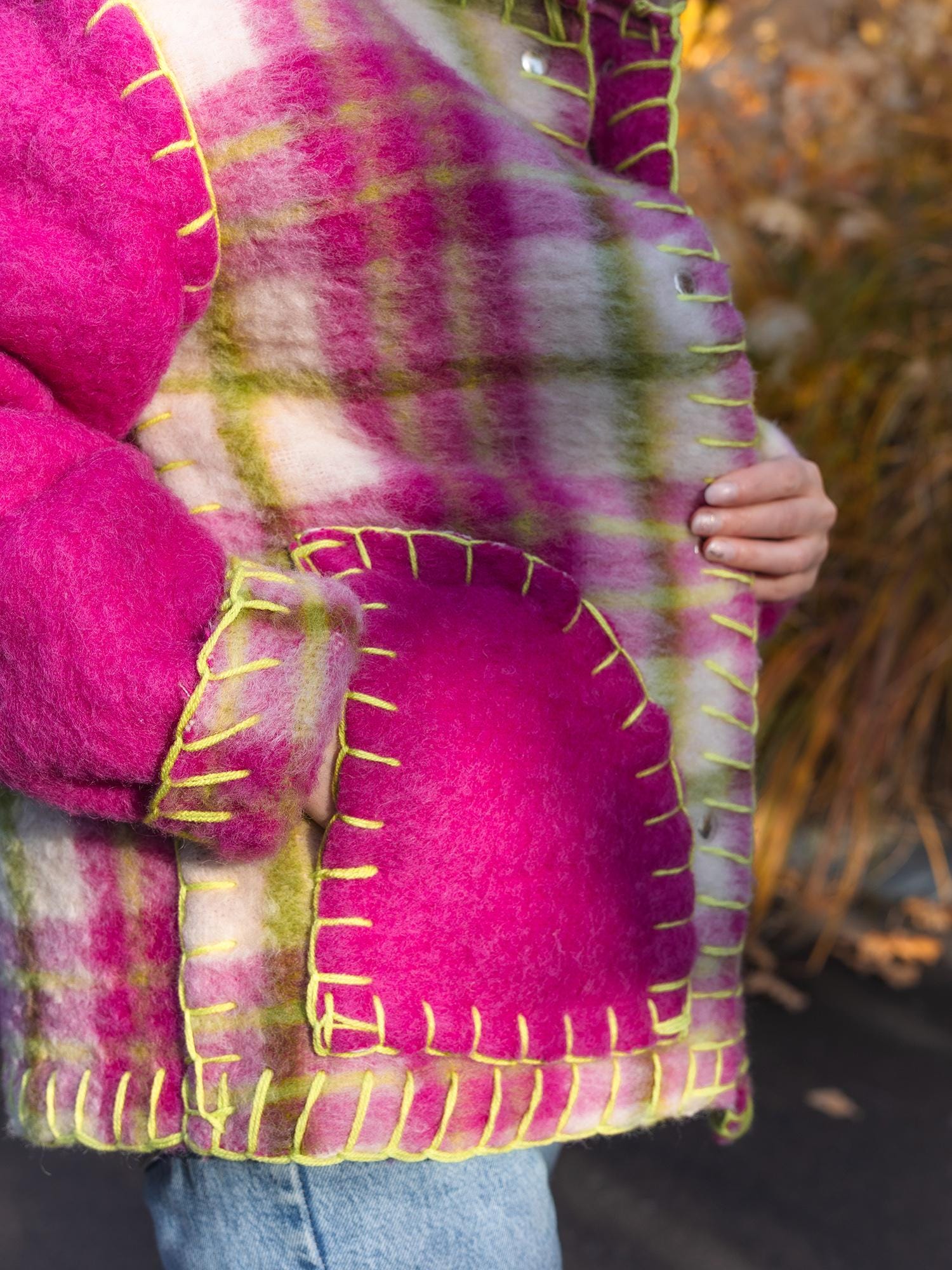 Wool Blanket Jacket Pink Green, Upcycled Coat, Handmade Oversized Plaid Jacket S/M