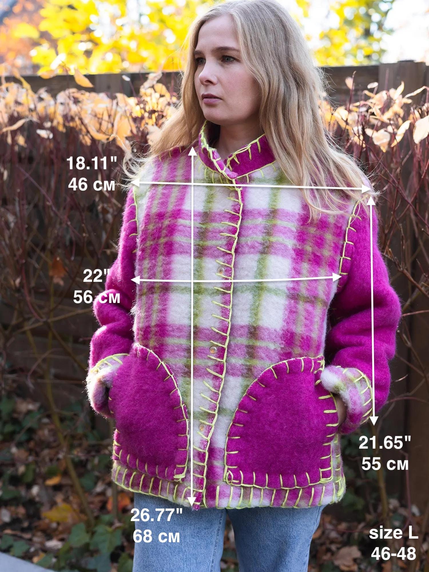 Wool Blanket Jacket Pink Green, Upcycled Coat, Handmade Oversized Plaid Jacket S/M