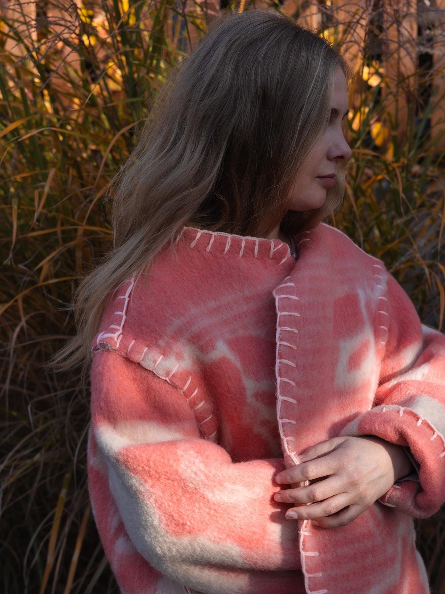 Wool Blanket Coat Oversized, Upcycled pink jacket.