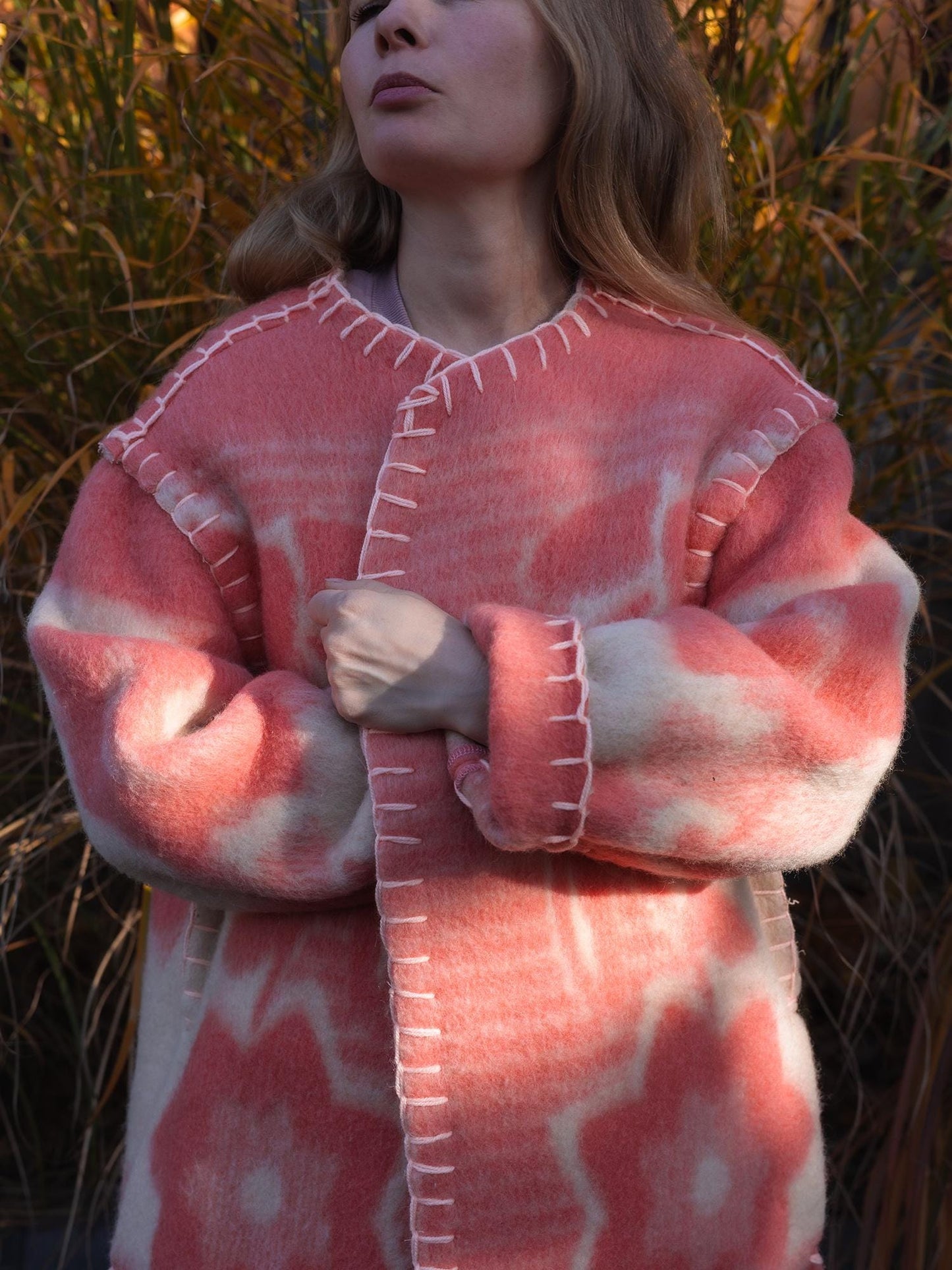 Wool Blanket Coat Oversized, Upcycled pink jacket.