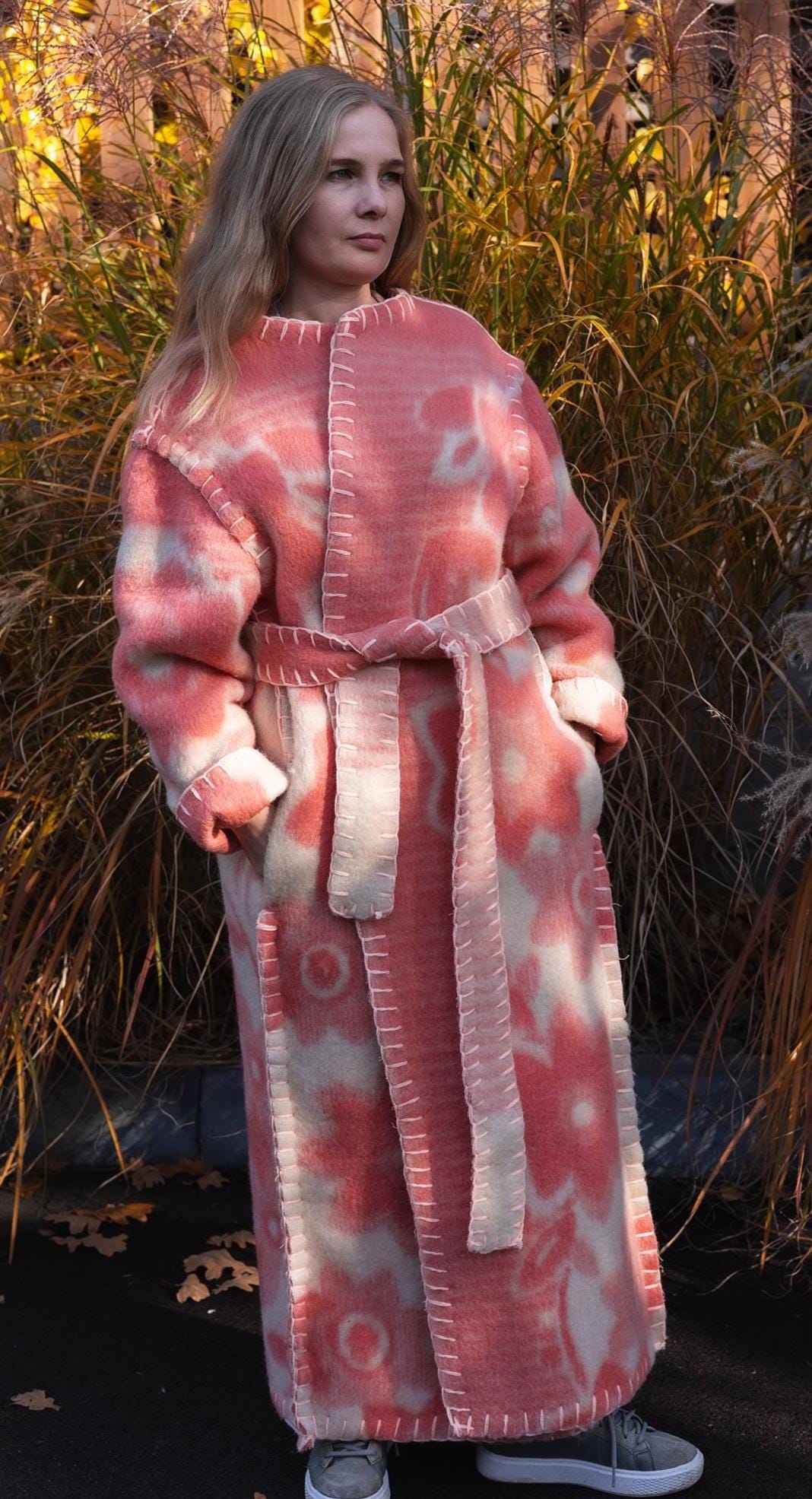 Wool Blanket Coat Oversized, Upcycled pink jacket.