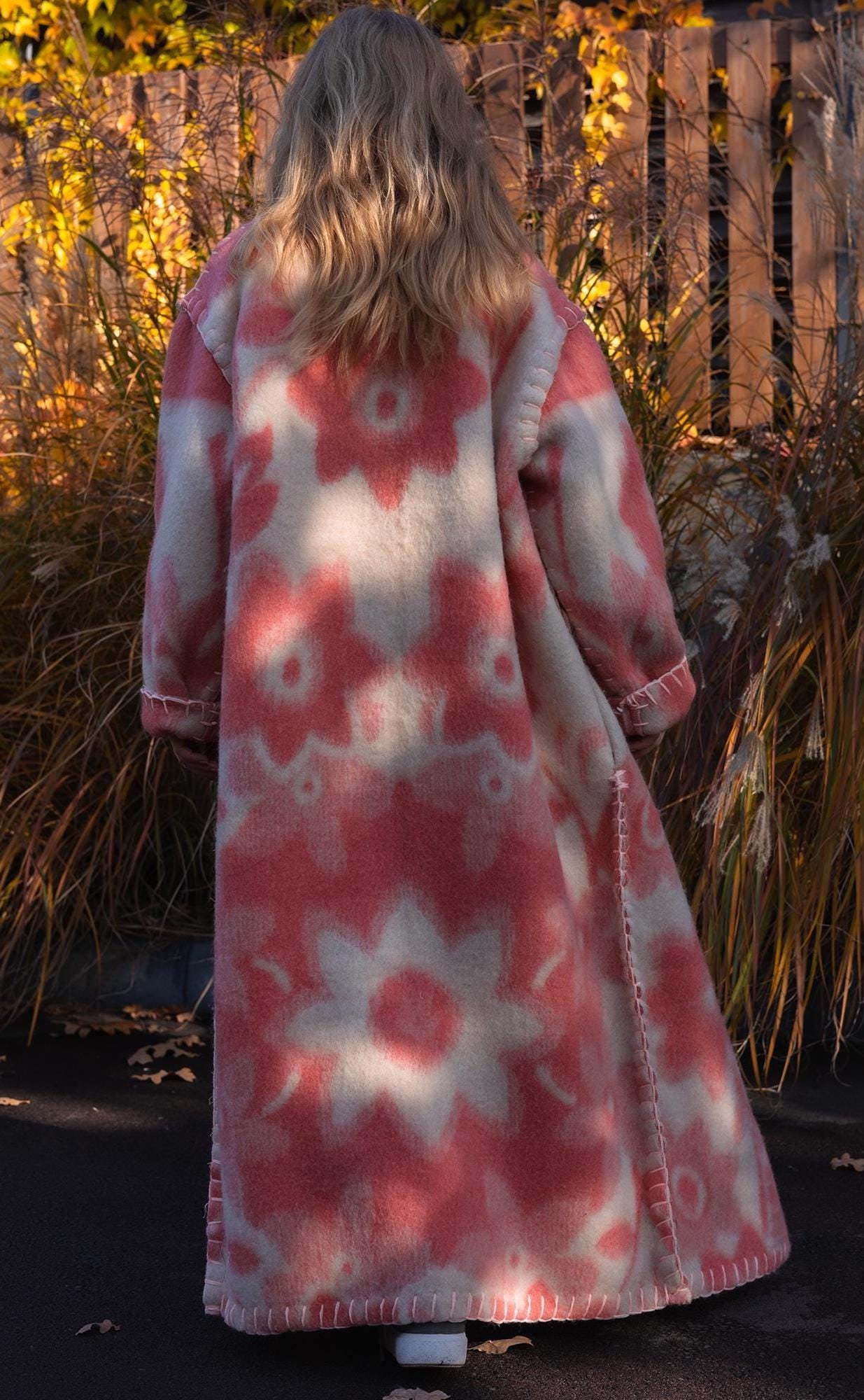 Wool Blanket Coat Oversized, Upcycled pink jacket.