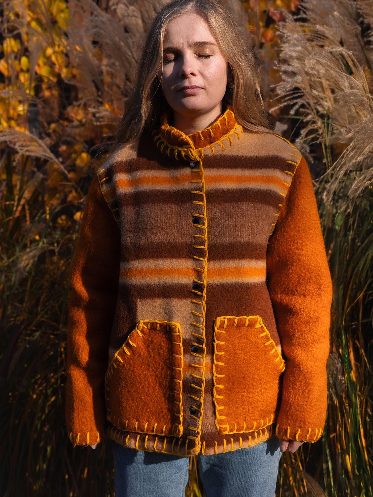 Wool Blanket Jacket brown orange, Upcycled Coat, Handmade Oversized Plaid Jacket M