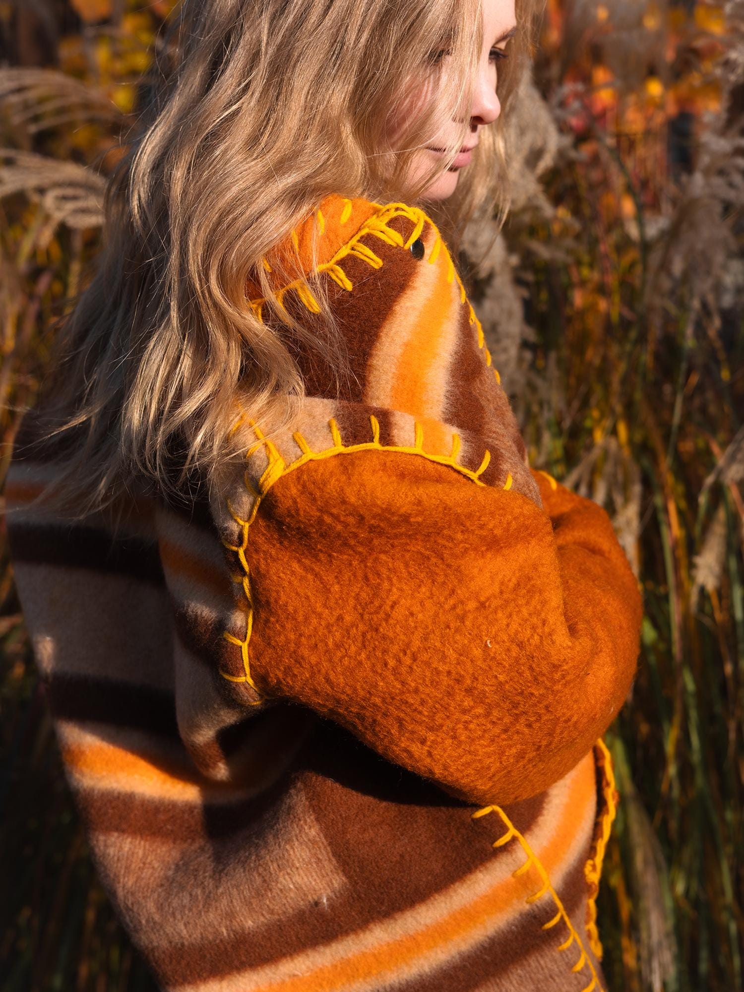 Wool Blanket Jacket brown orange, Upcycled Coat, Handmade Oversized Plaid Jacket M