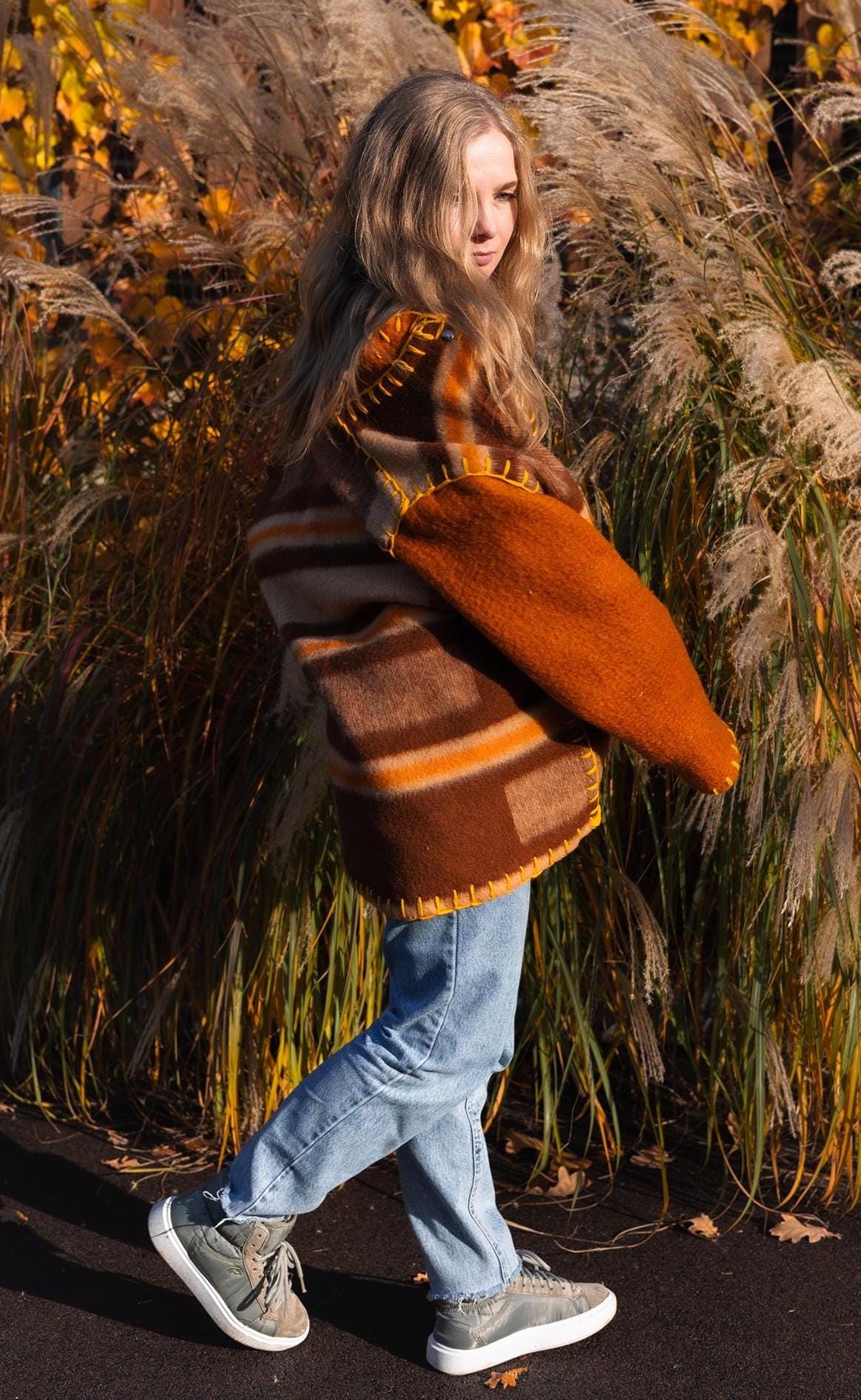 Wool Blanket Jacket brown orange, Upcycled Coat, Handmade Oversized Plaid Jacket M