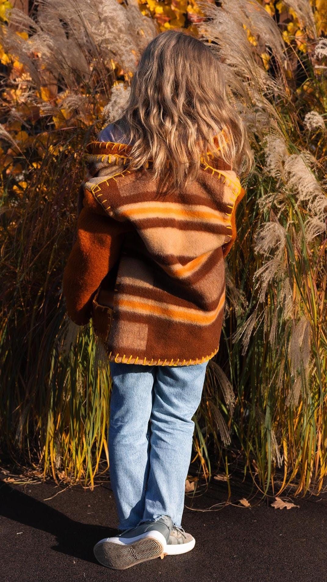 Wool Blanket Jacket brown orange, Upcycled Coat, Handmade Oversized Plaid Jacket M