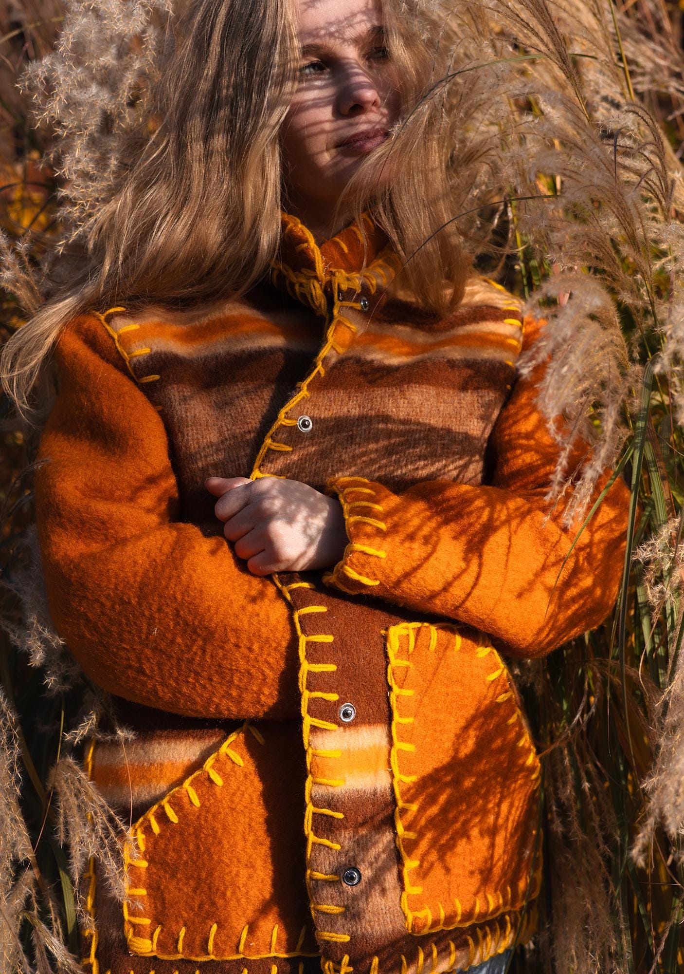 Wool Blanket Jacket brown orange, Upcycled Coat, Handmade Oversized Plaid Jacket M