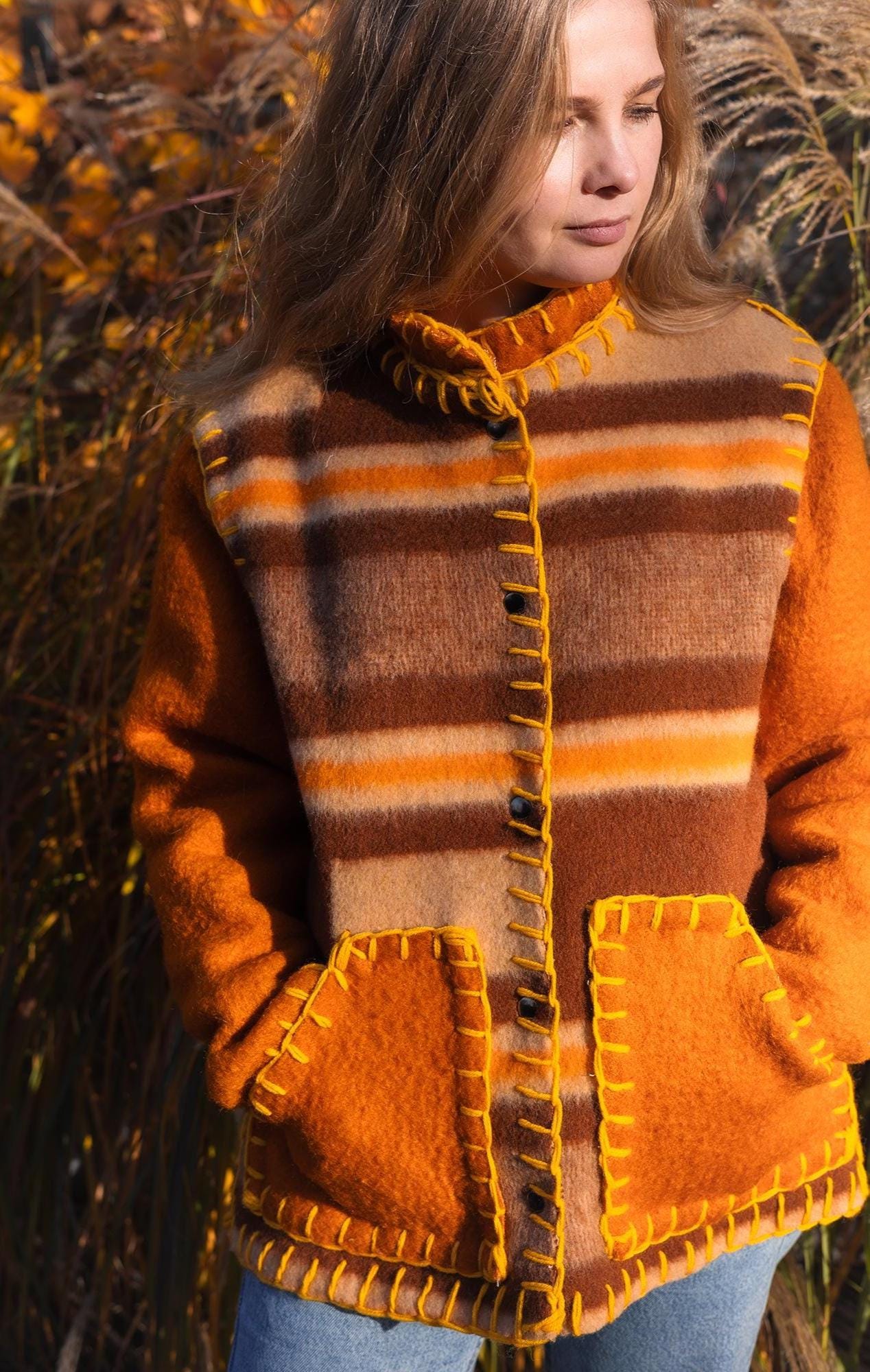 Wool Blanket Jacket brown orange, Upcycled Coat, Handmade Oversized Plaid Jacket M
