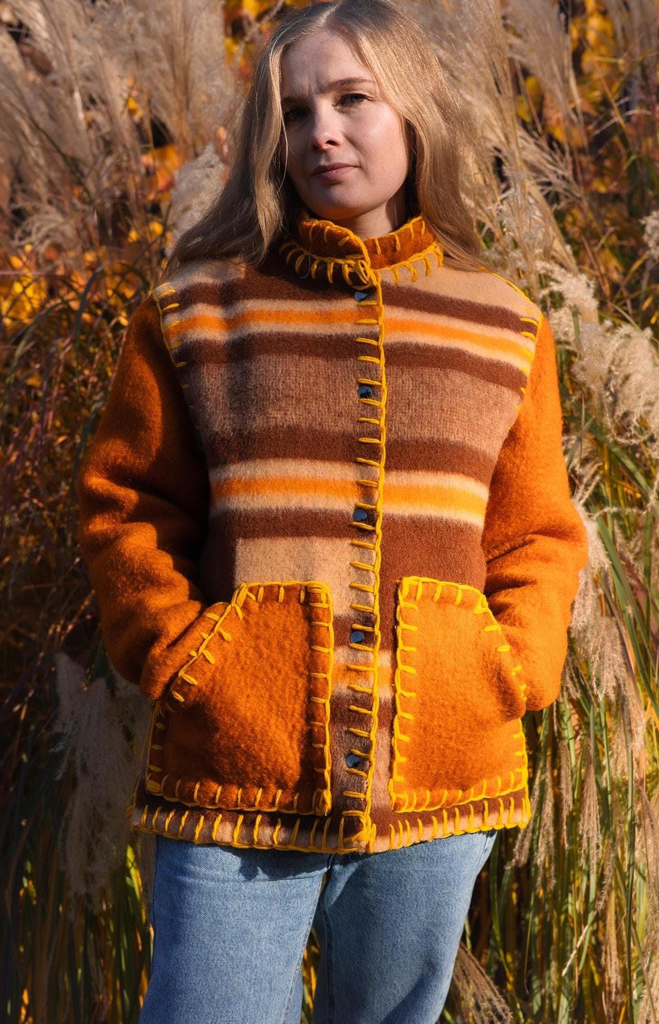Wool Blanket Jacket brown orange, Upcycled Coat, Handmade Oversized Plaid Jacket M