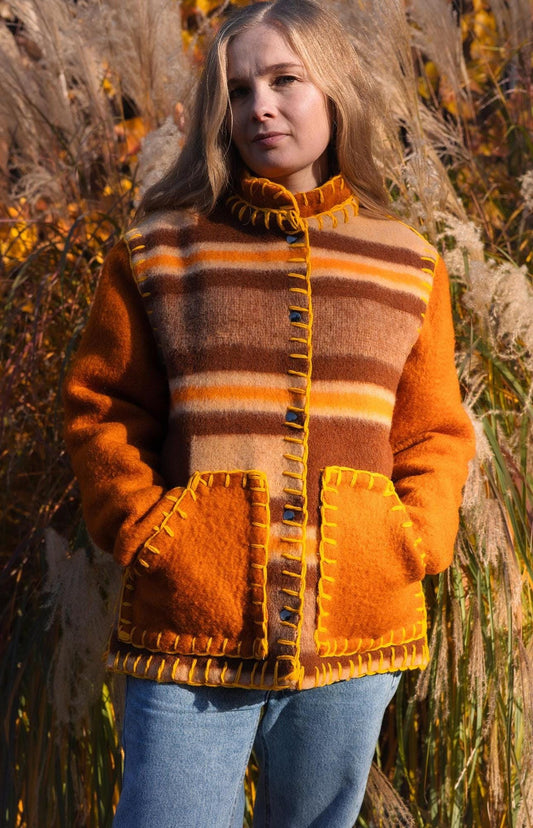 Wool Blanket Jacket brown orange, Upcycled Coat, Handmade Oversized Plaid Jacket M