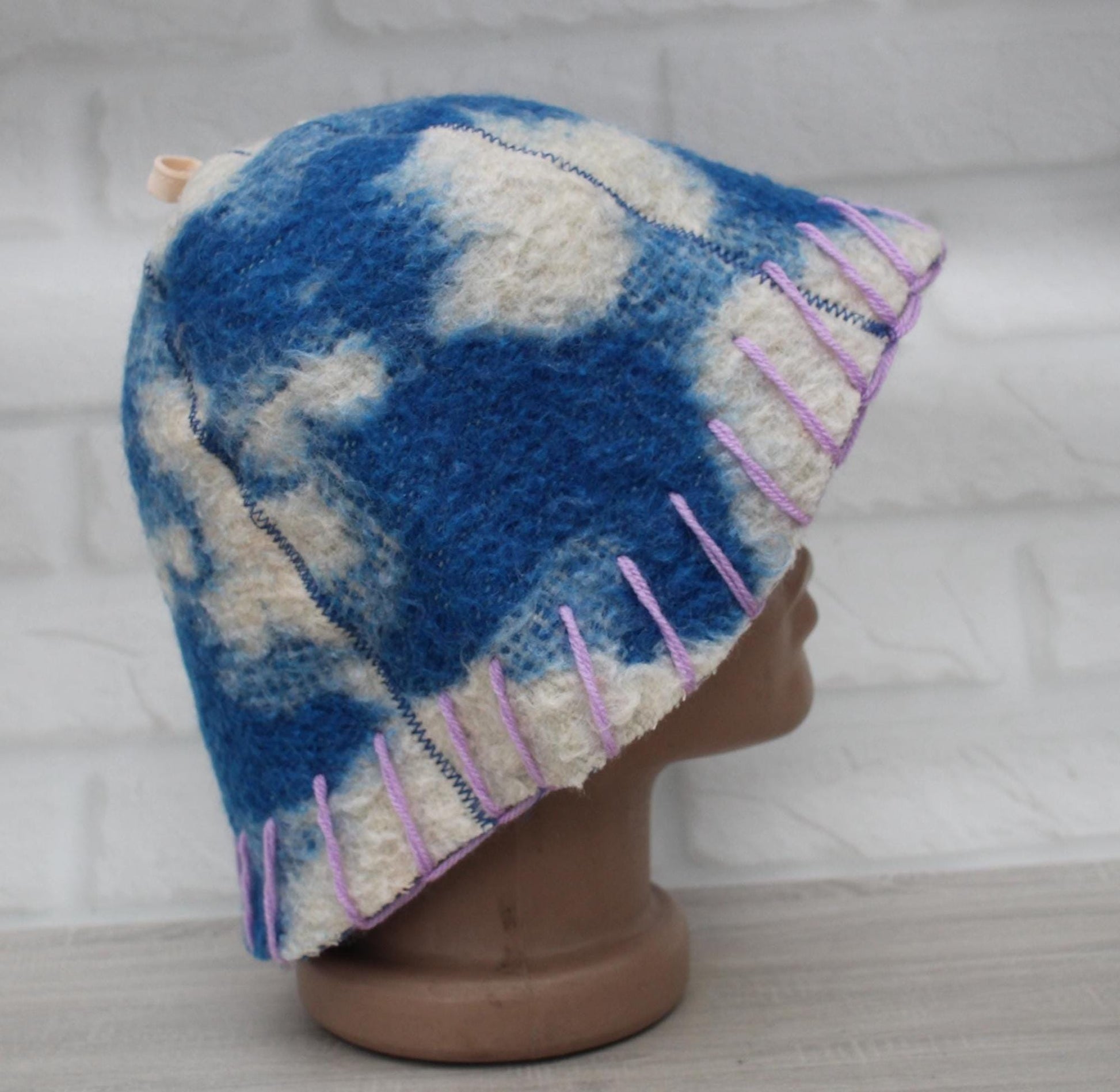Wool sauna hat thick, hat for bath, organic blue sauna hat, sauna burnt hat cool, handmade banya hat vegan, embrodiered sauna hat.