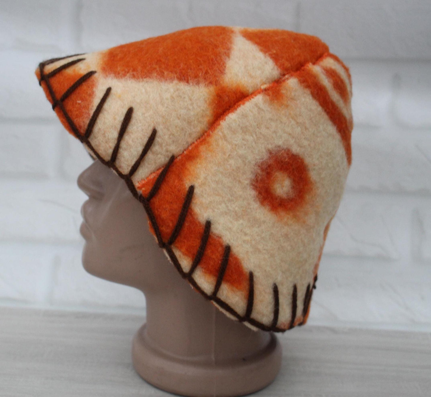 Wool Sauna Hat for Bath, Handmade Vegan orange Banya Hat.