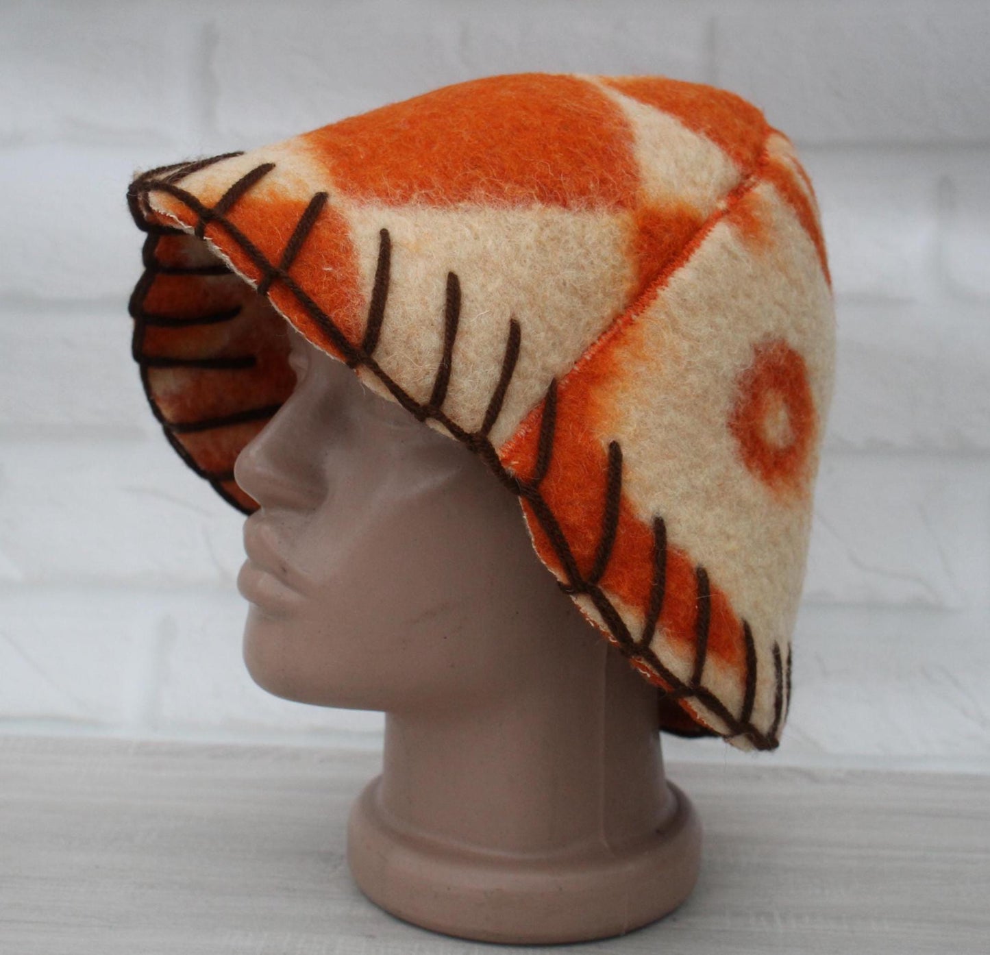 Wool Sauna Hat for Bath, Handmade Vegan orange Banya Hat.