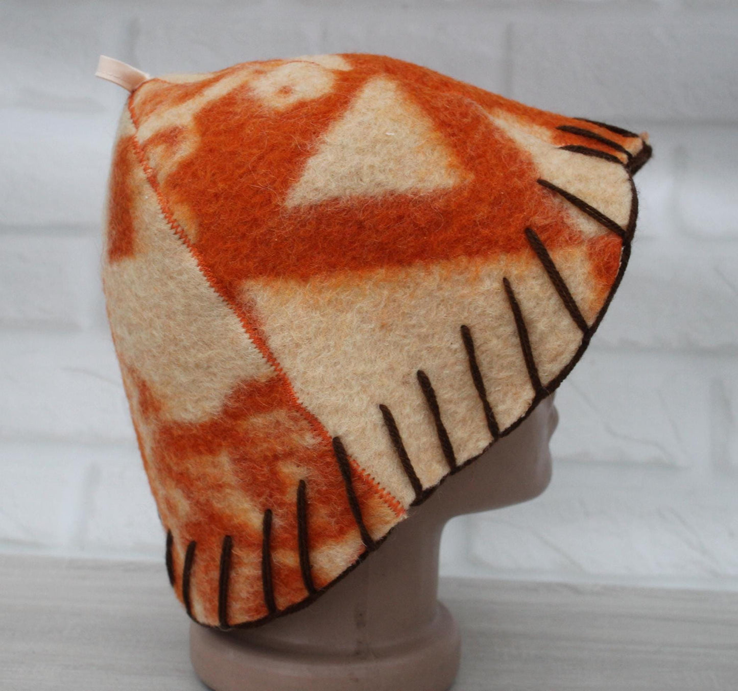 Wool Sauna Hat for Bath, Handmade Vegan orange Banya Hat.