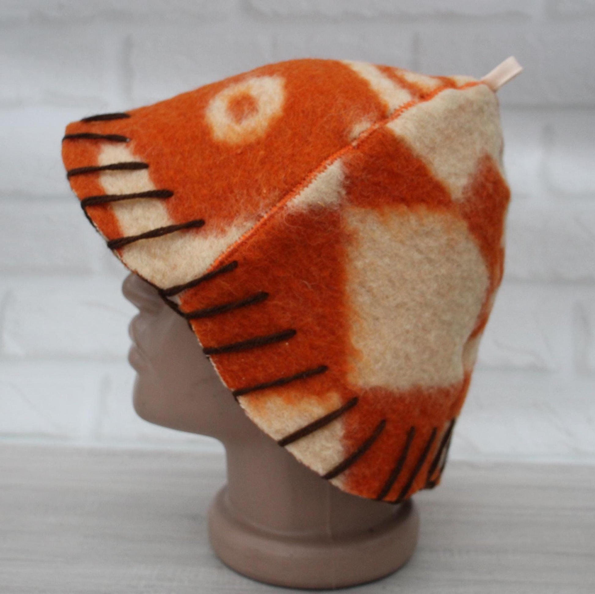 Wool Sauna Hat for Bath, Handmade Vegan orange Banya Hat.