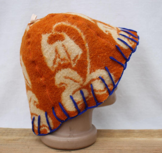 Wool Sauna Hat for Bath, Handmade Vegan orange Banya Hat.