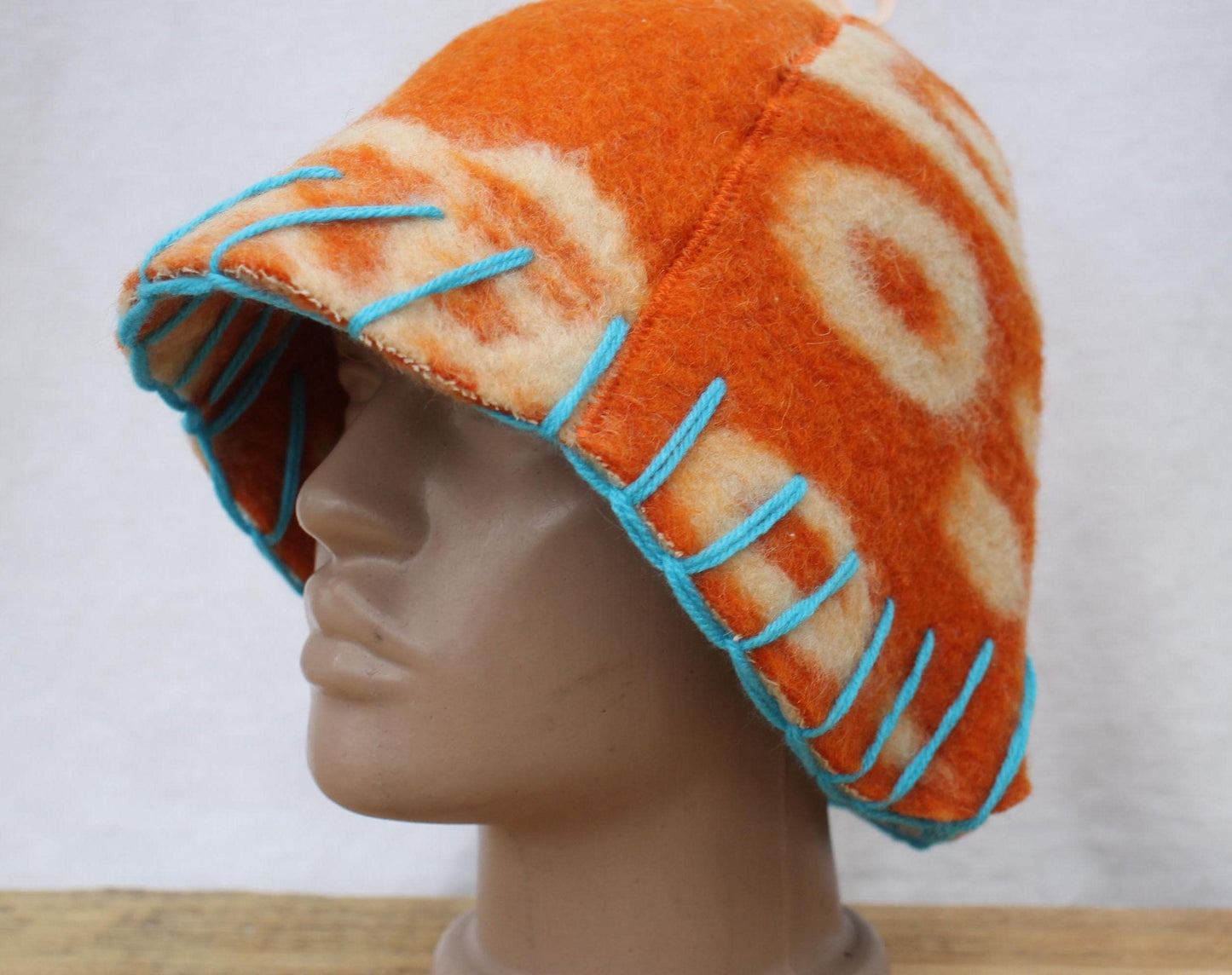 Wool Sauna Hat for Bath, Handmade orange Banya Hat.