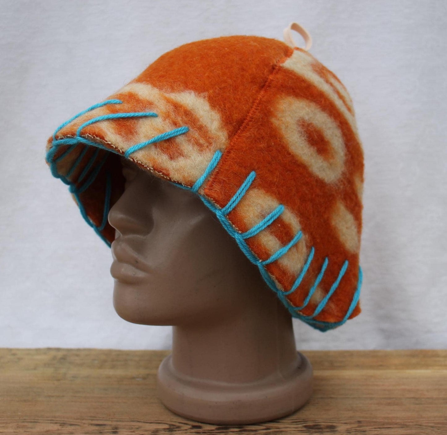 Wool Sauna Hat for Bath, Handmade orange Banya Hat.